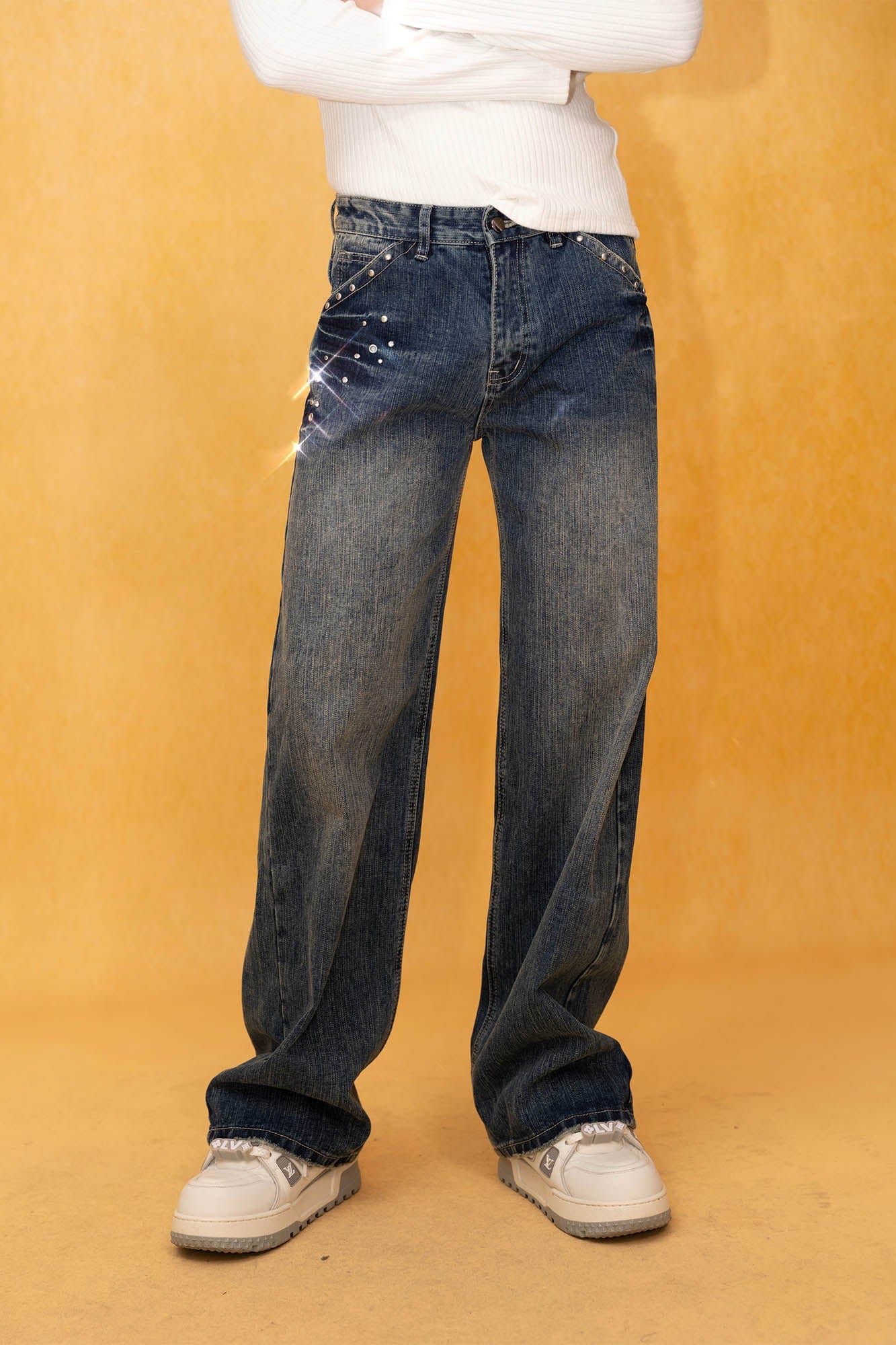 CLP Retro Waist Rivet Straight-Leg Jeans-Jeans-S-Free Shipping Leatheretro