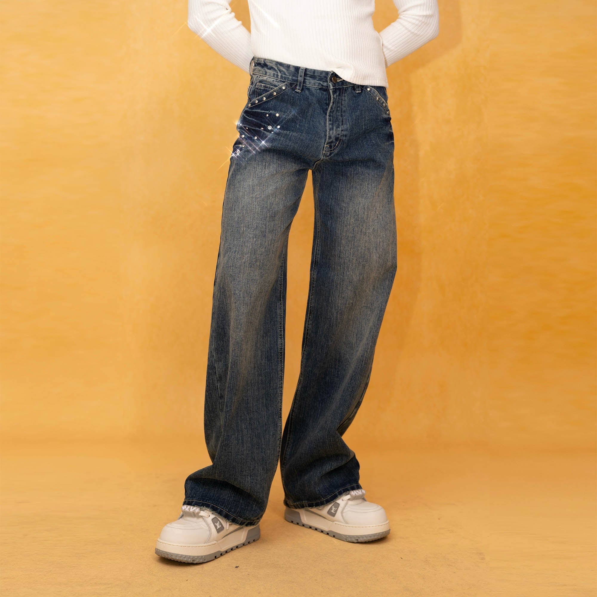 CLP Retro Waist Rivet Straight-Leg Jeans-Jeans-S-Free Shipping Leatheretro