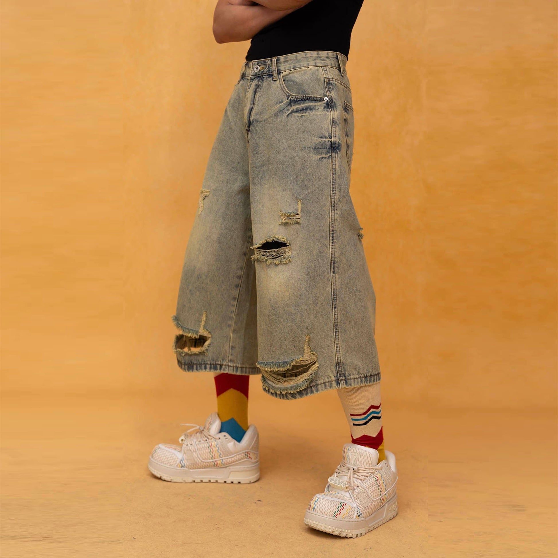 CLP Washed Ripped Knee-Length Denim Shorts-Shorts-S-Free Shipping Leatheretro