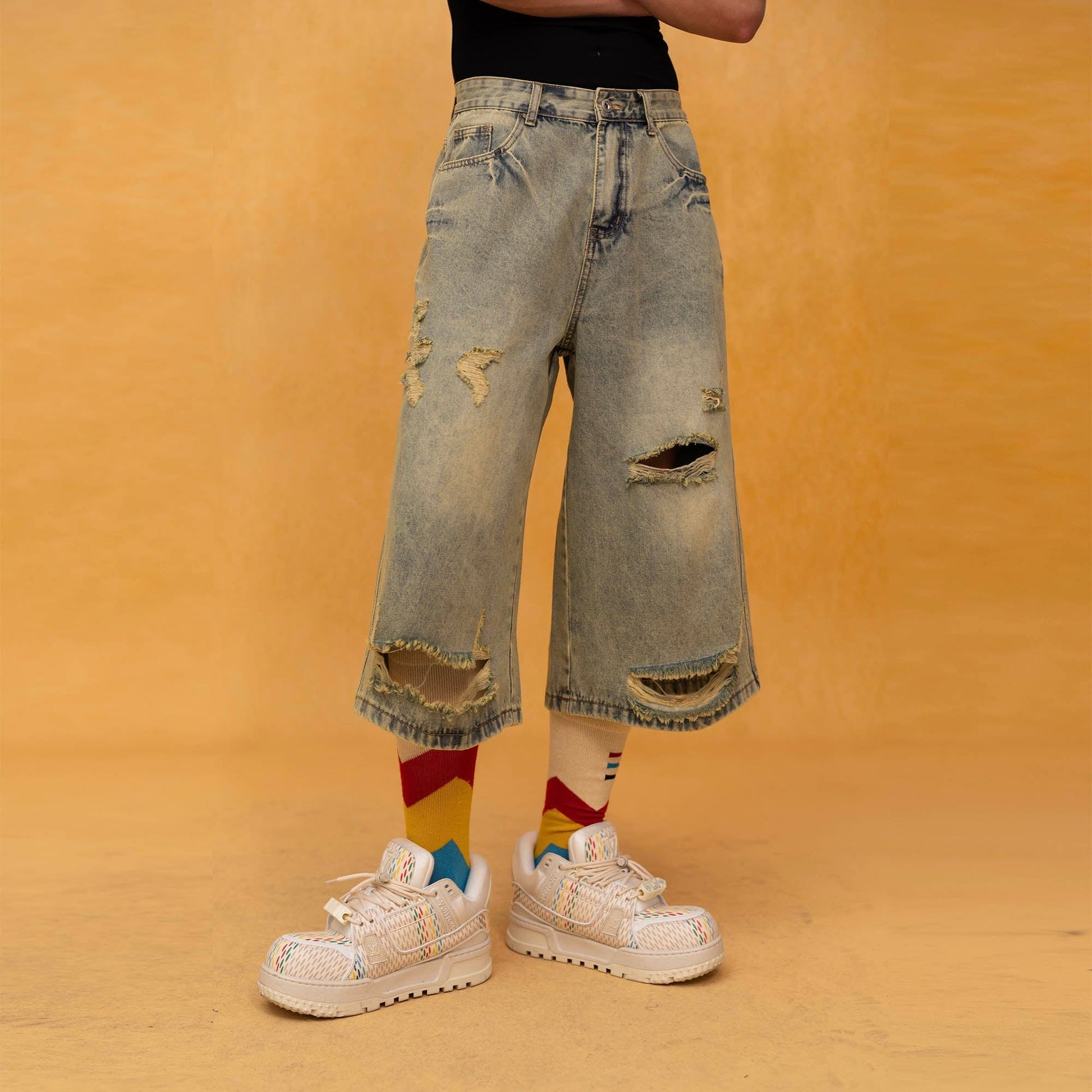 CLP Washed Ripped Knee-Length Denim Shorts-Shorts-S-Free Shipping Leatheretro