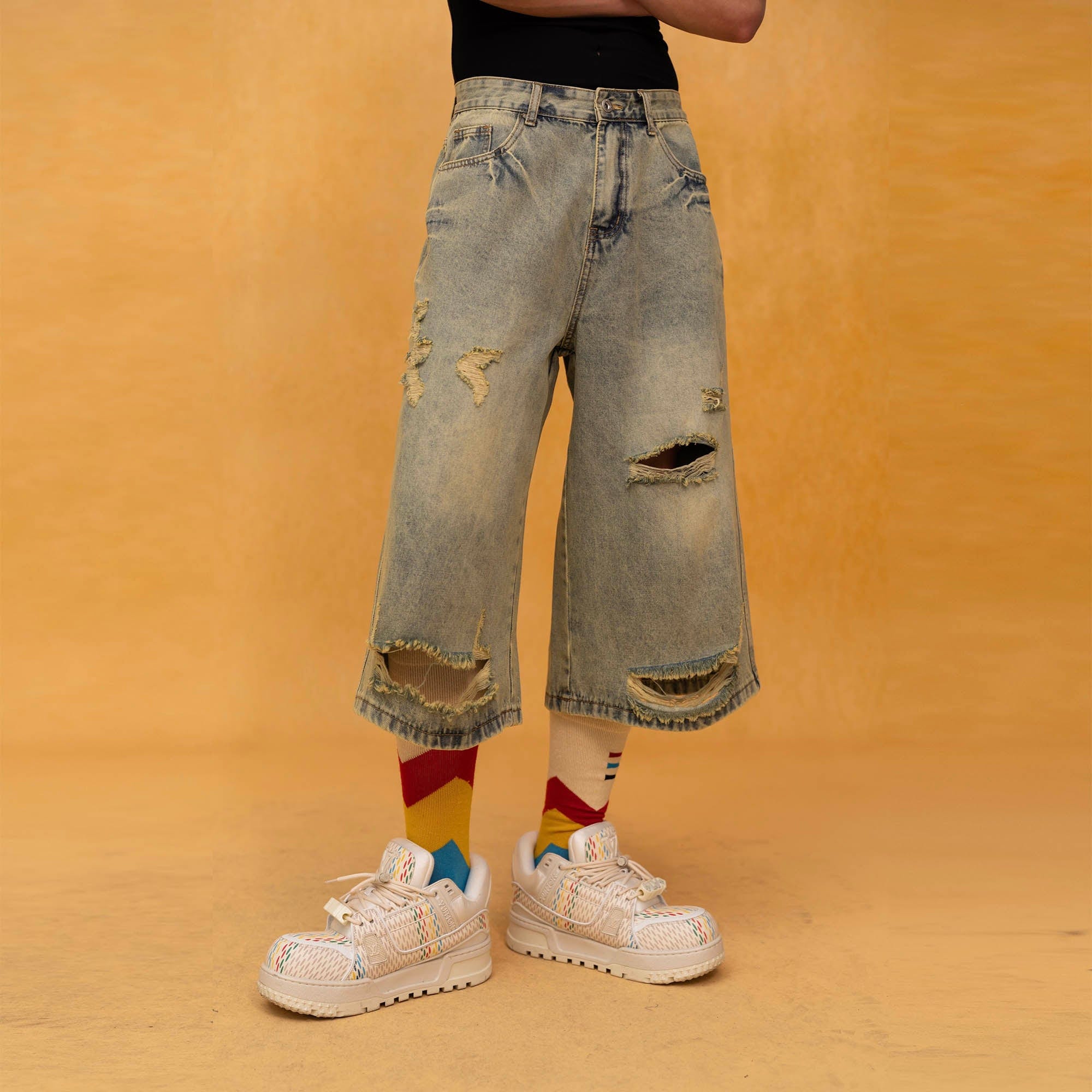 CLP Washed Ripped Knee-Length Denim Shorts-Shorts-S-Free Shipping Leatheretro