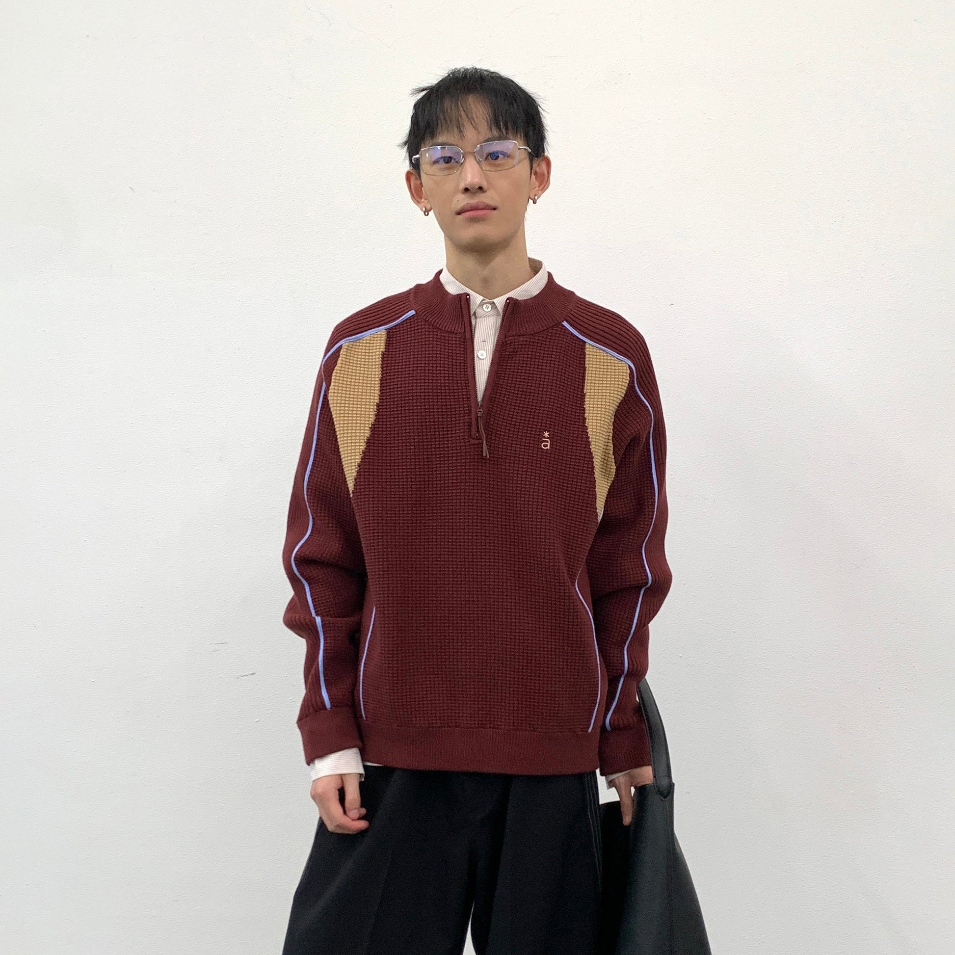 ROARINGWILD A ARCH Contrast Panel Raglan Half-Zip Sweater-Sweater-XS-Red-Free Shipping Leatheretro