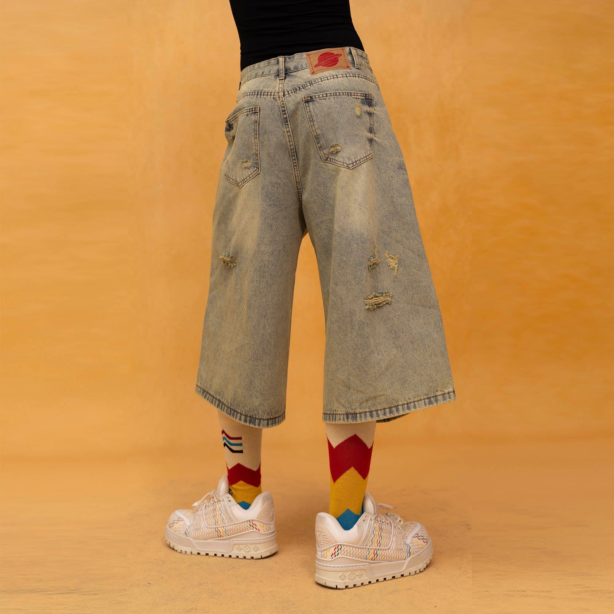 CLP Washed Ripped Knee-Length Denim Shorts-Shorts-S-Free Shipping Leatheretro