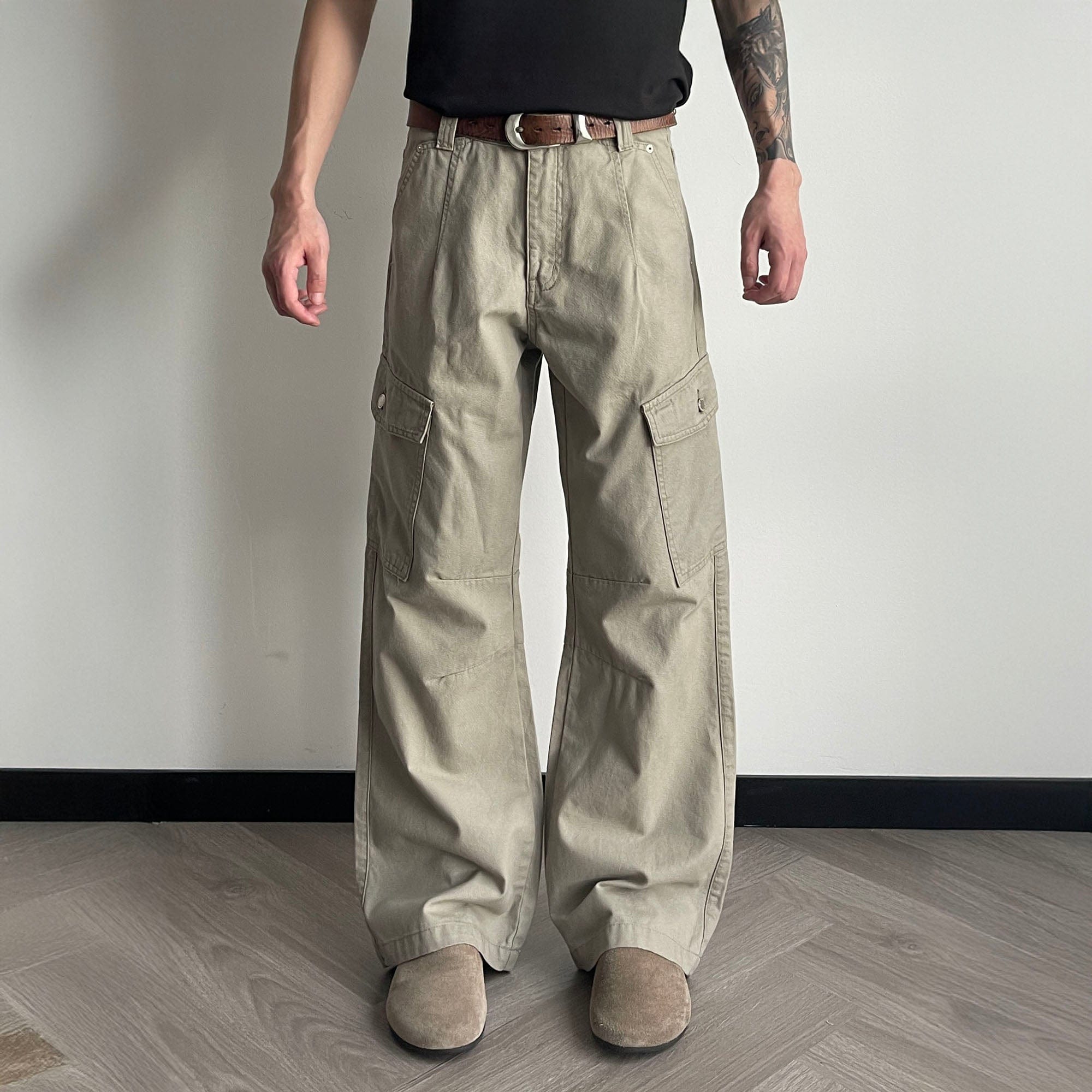 OKAYTHXBYE Washed Button Flap-Pocket Cargo Pants-Pants-Beige-S-Free Shipping Leatheretro