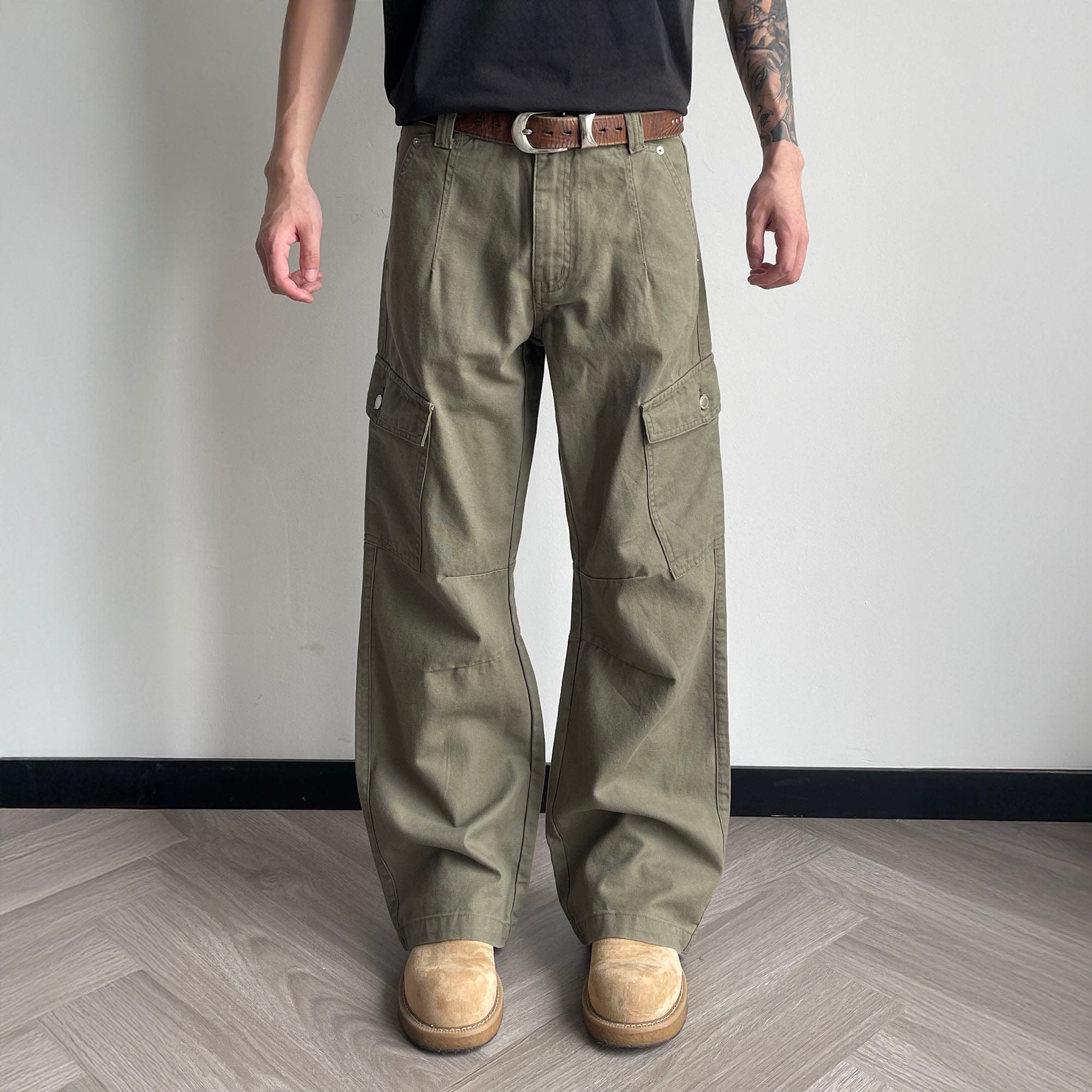 OKAYTHXBYE Washed Button Flap-Pocket Cargo Pants-Pants-Green-S-Free Shipping Leatheretro