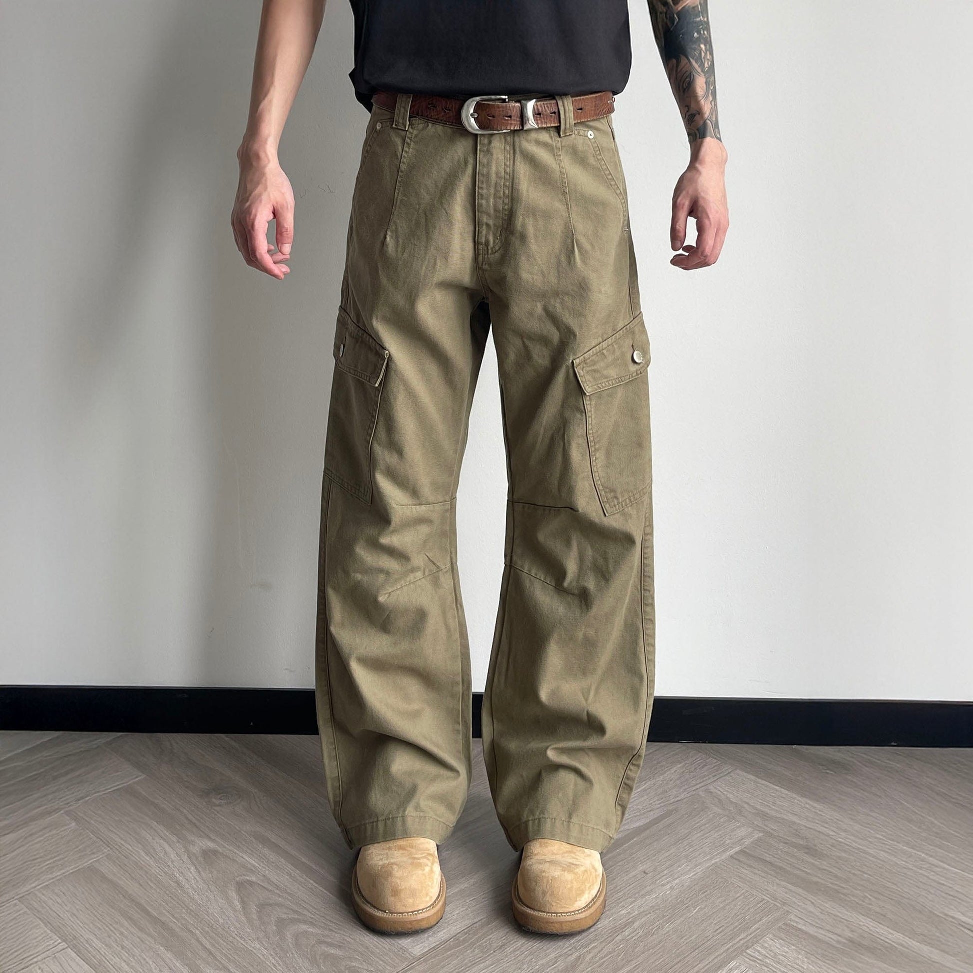 OKAYTHXBYE Washed Button Flap-Pocket Cargo Pants-Pants-Khaki-S-Free Shipping Leatheretro
