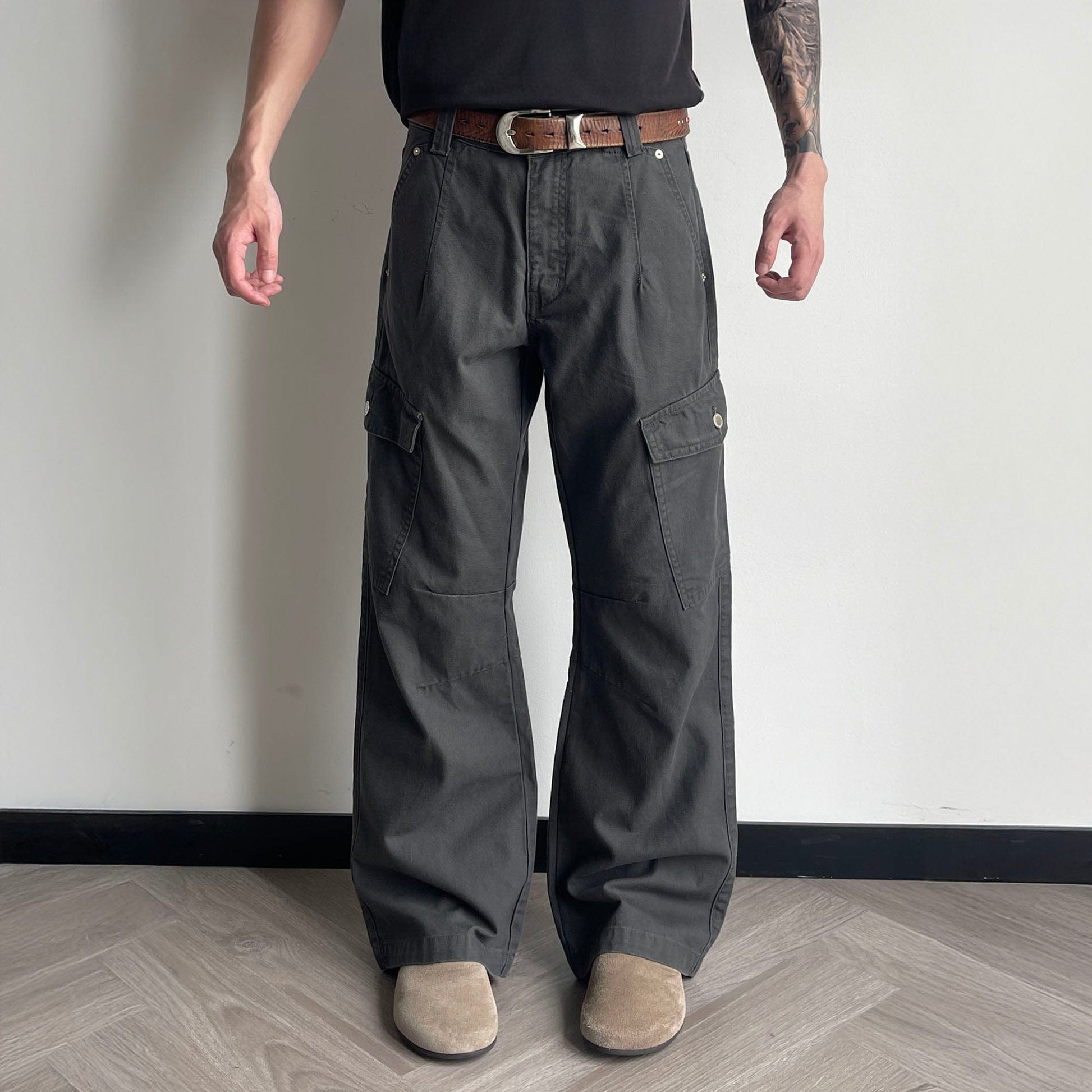 OKAYTHXBYE Washed Button Flap-Pocket Cargo Pants-Pants-Black-S-Free Shipping Leatheretro