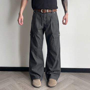 OKAYTHXBYE Washed Button Flap-Pocket Cargo Pants-Pants-Black-S-Free Shipping Leatheretro