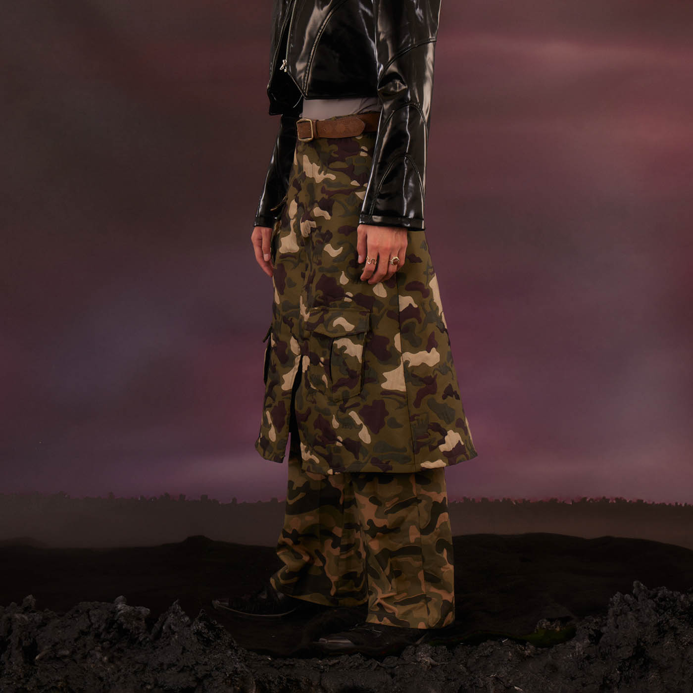 KADAKADA Dinosaur-Camo Embossed Multi-Pocket Skirt Pants-Pants-S-Free Shipping Leatheretro