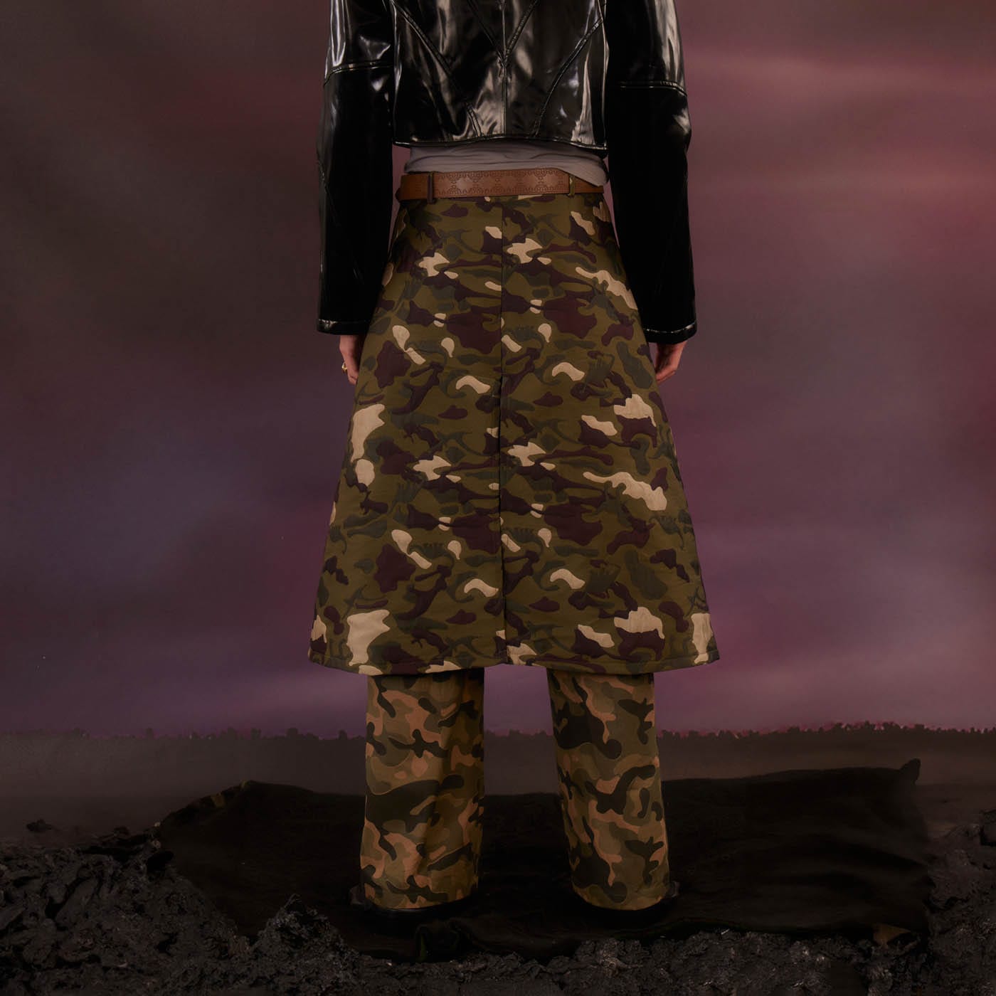 KADAKADA Dinosaur-Camo Embossed Multi-Pocket Skirt Pants-Pants-S-Free Shipping Leatheretro