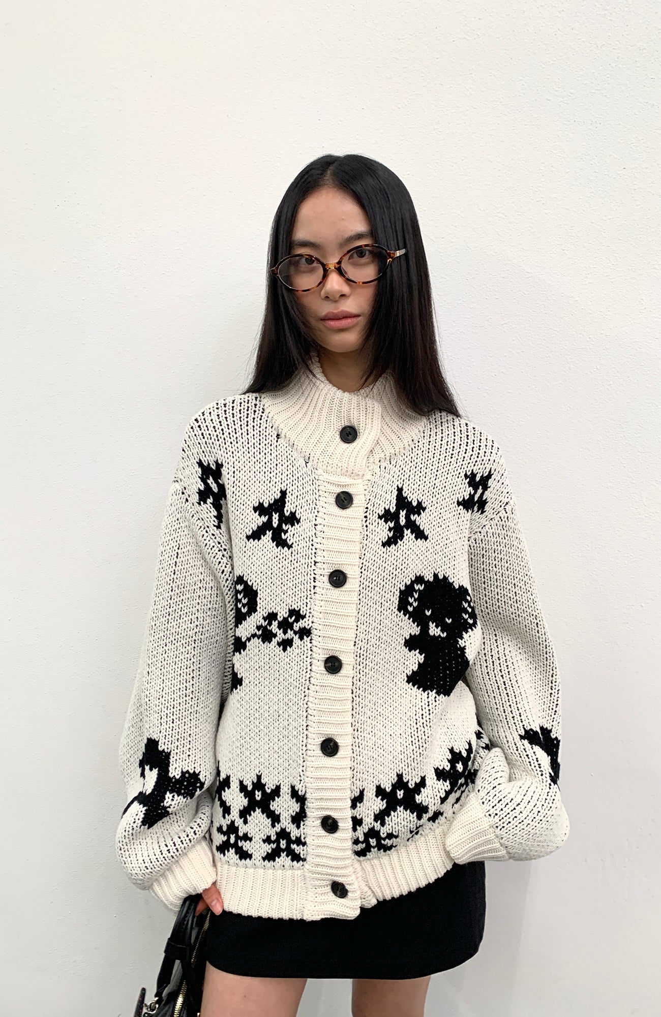 ROARINGWILD A ARCH Jacquard Chunky Knit Cardigan-Jacket-XS-White-Free Shipping Leatheretro