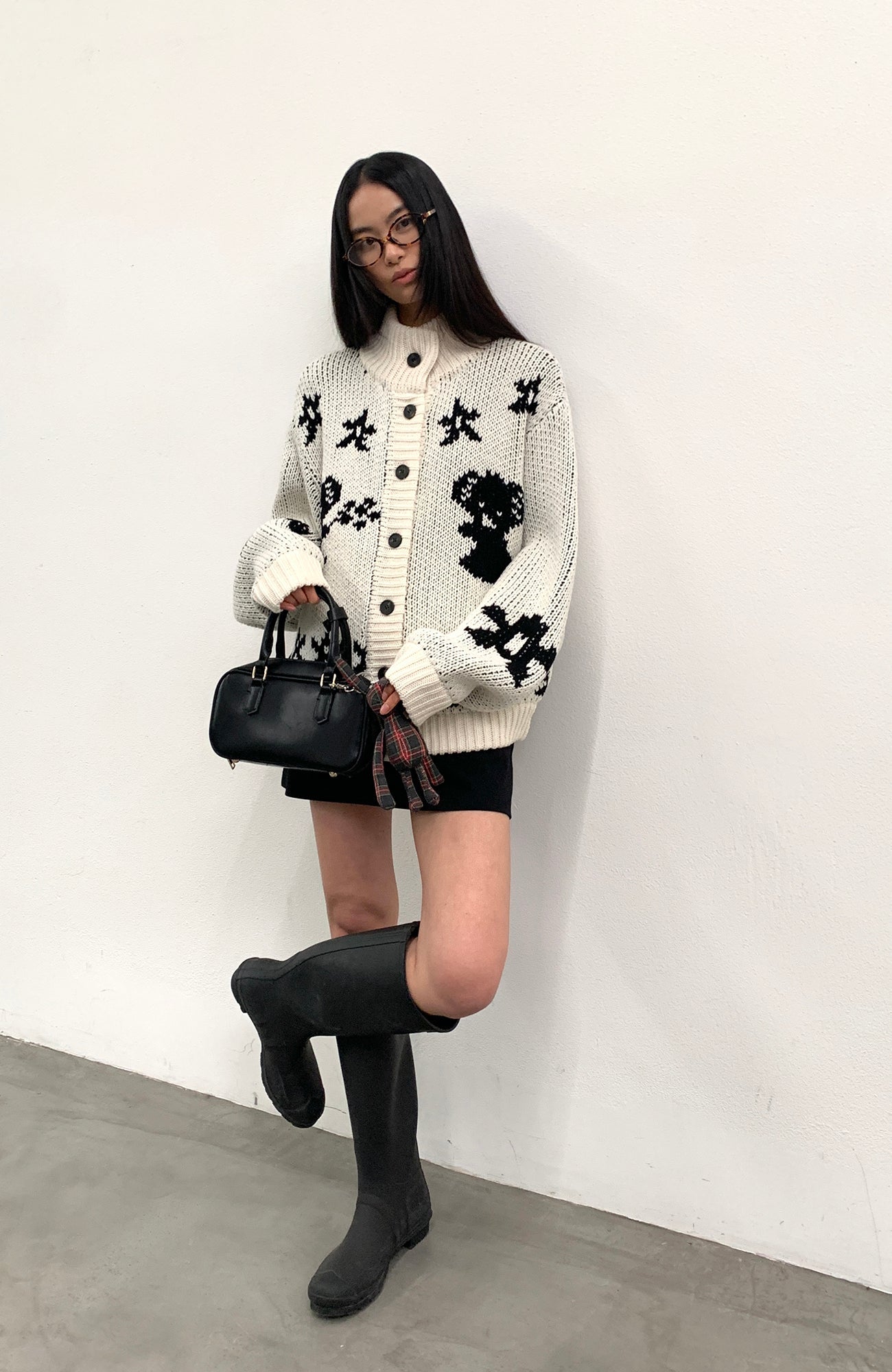 ROARINGWILD A ARCH Jacquard Chunky Knit Cardigan-Jacket-XS-White-Free Shipping Leatheretro