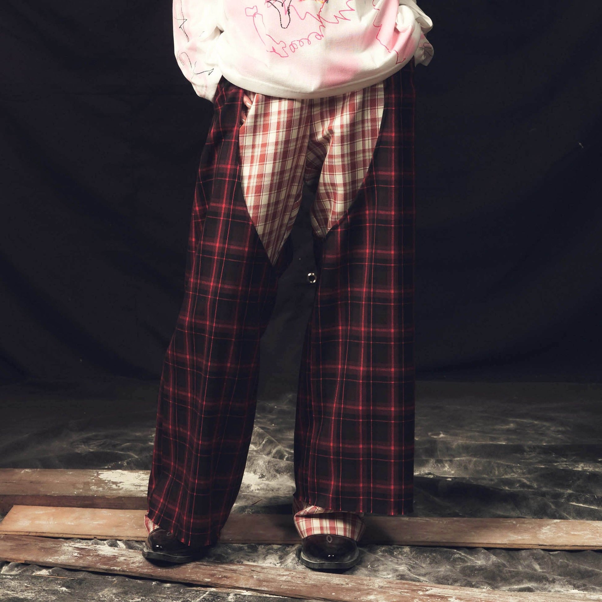 KADAKADA Double Layer Plaid Wide-Leg Pants-Pants-S - 29"-Free Shipping Leatheretro