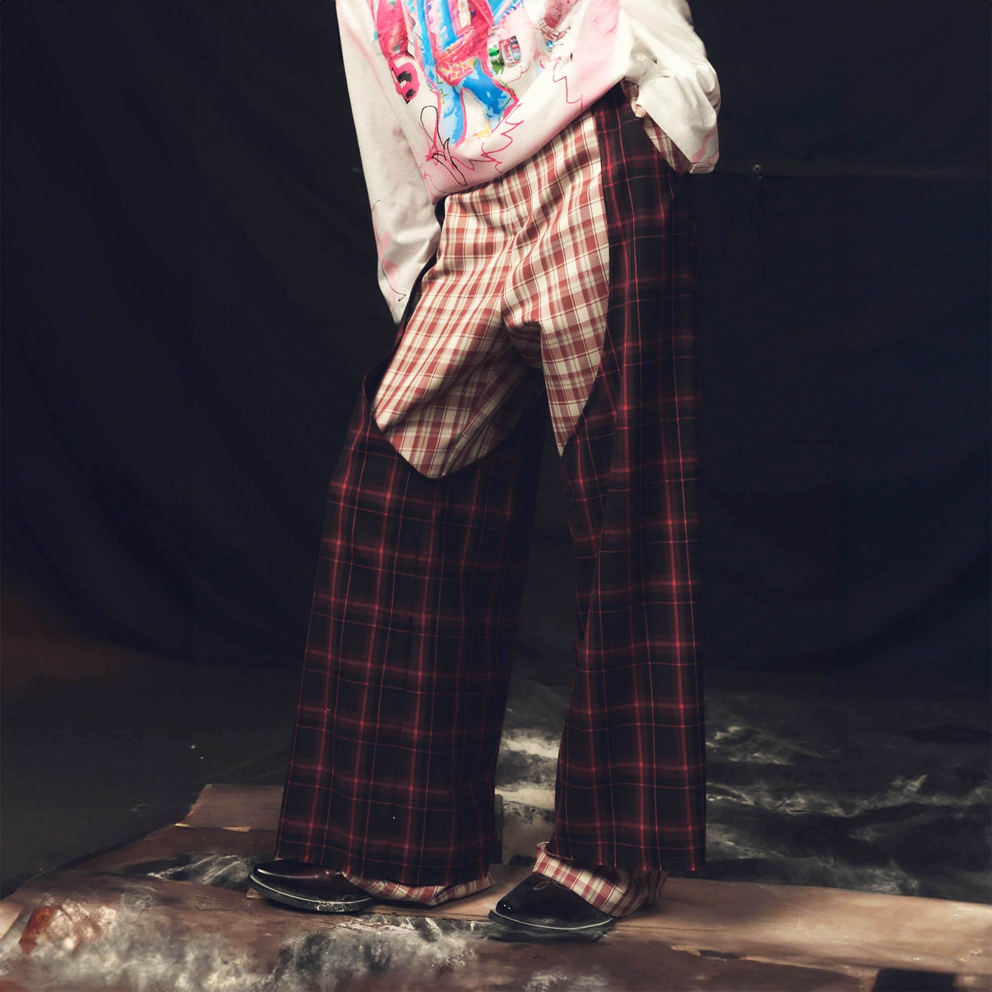 KADAKADA Double Layer Plaid Wide-Leg Pants-Pants-S - 29"-Free Shipping Leatheretro