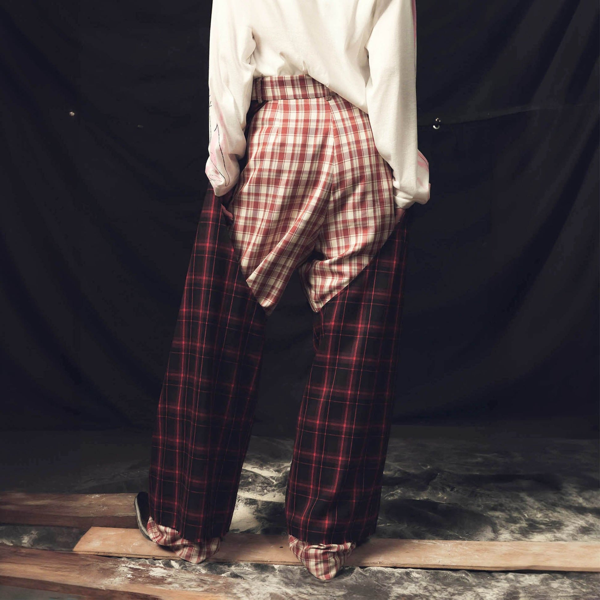 KADAKADA Double Layer Plaid Wide-Leg Pants-Pants-S - 29"-Free Shipping Leatheretro
