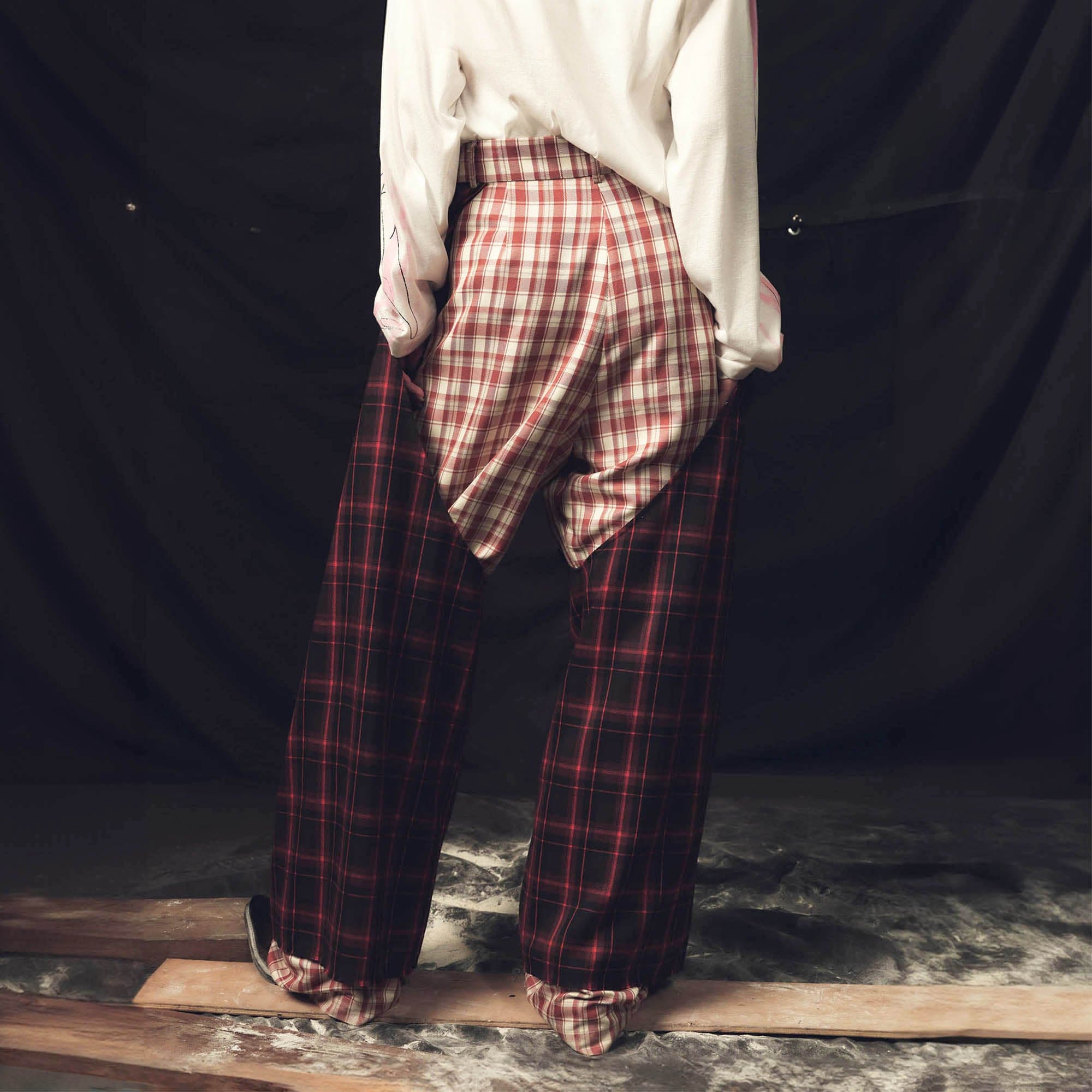 KADAKADA Double Layer Plaid Wide-Leg Pants-Pants-S - 29"-Free Shipping Leatheretro
