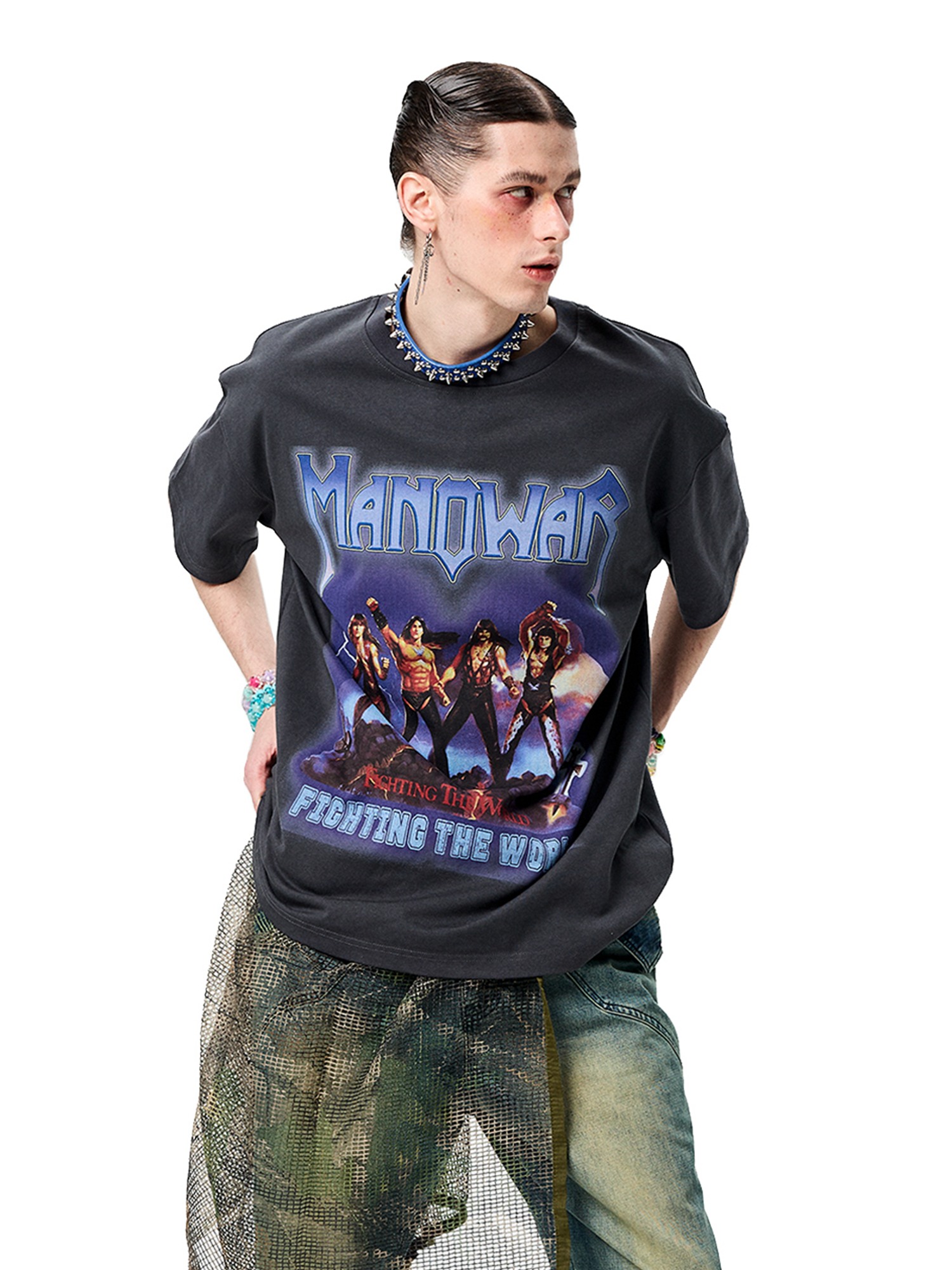 ERISSTOFF Washed Manowar Graphic Oversized T-Shirt-T Shirt-S-Free Shipping Leatheretro