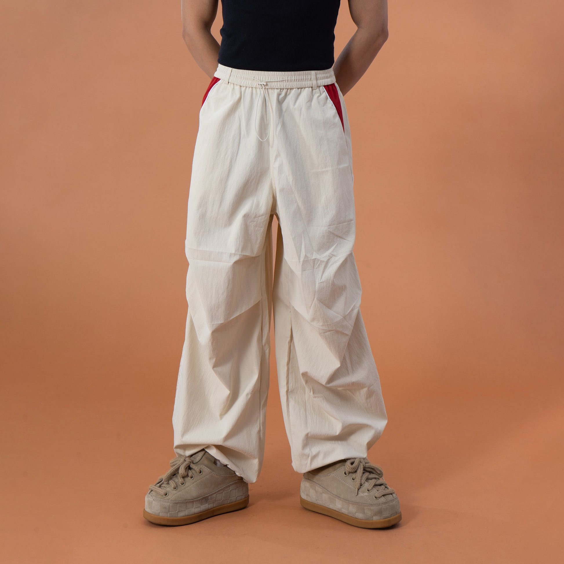 CLP Contrast Panel Pleated-Knee Drawstring-Hem Pants-Pants-S-Apricot-Free Shipping Leatheretro