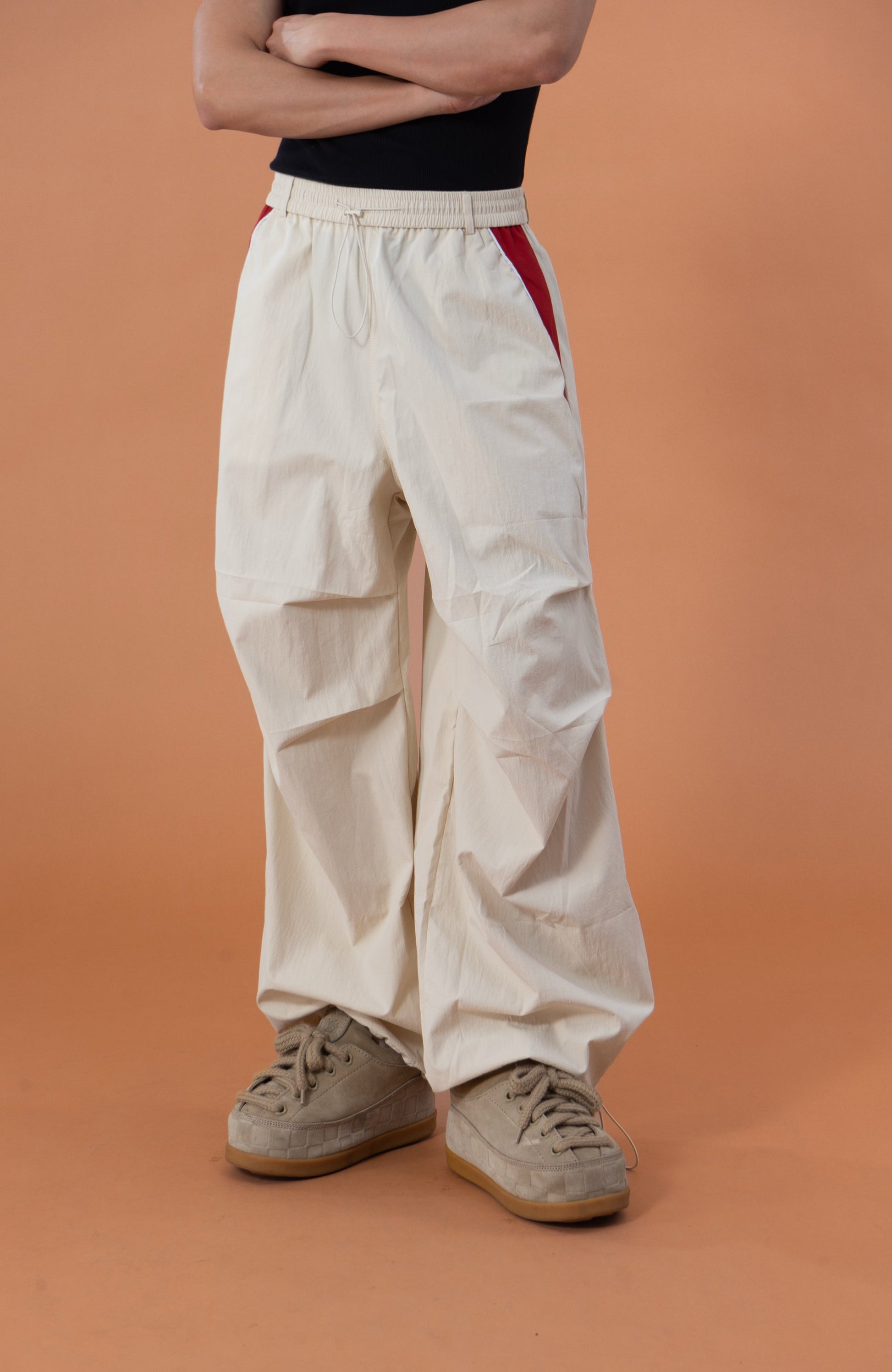 CLP Contrast Panel Pleated-Knee Drawstring-Hem Pants-Pants-S-Dark Gray-Free Shipping Leatheretro