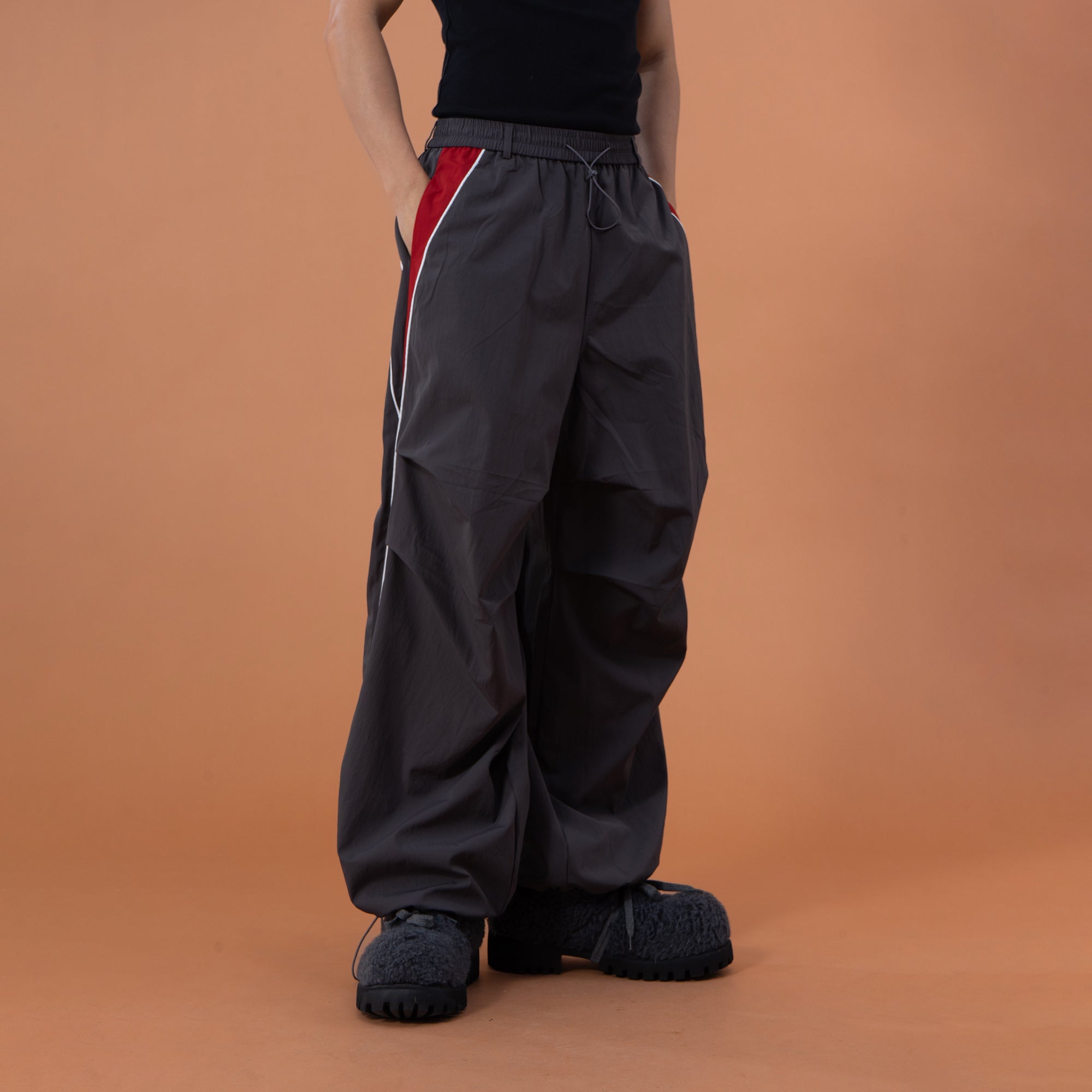 CLP Contrast Panel Pleated-Knee Drawstring-Hem Pants-Pants-S-Dark Gray-Free Shipping Leatheretro