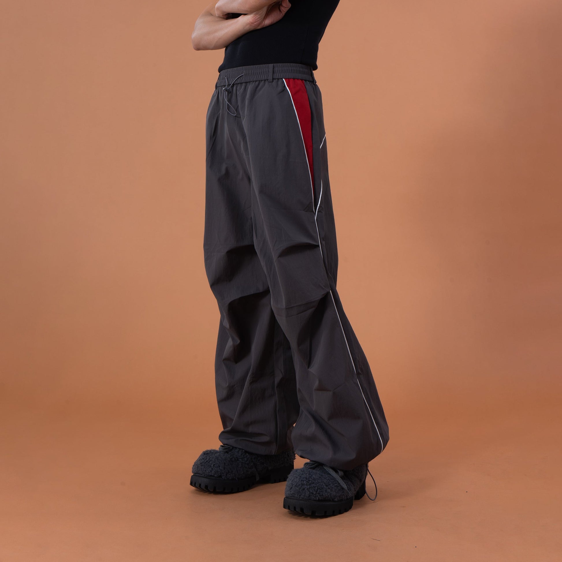 CLP Contrast Panel Pleated-Knee Drawstring-Hem Pants-Pants-S-Dark Gray-Free Shipping Leatheretro