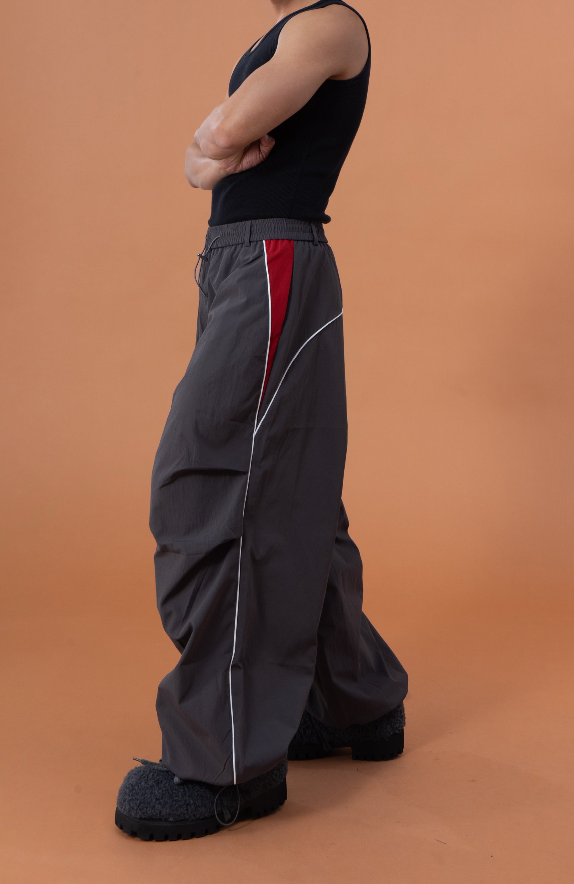 CLP Contrast Panel Pleated-Knee Drawstring-Hem Pants-Pants-S-Dark Gray-Free Shipping Leatheretro