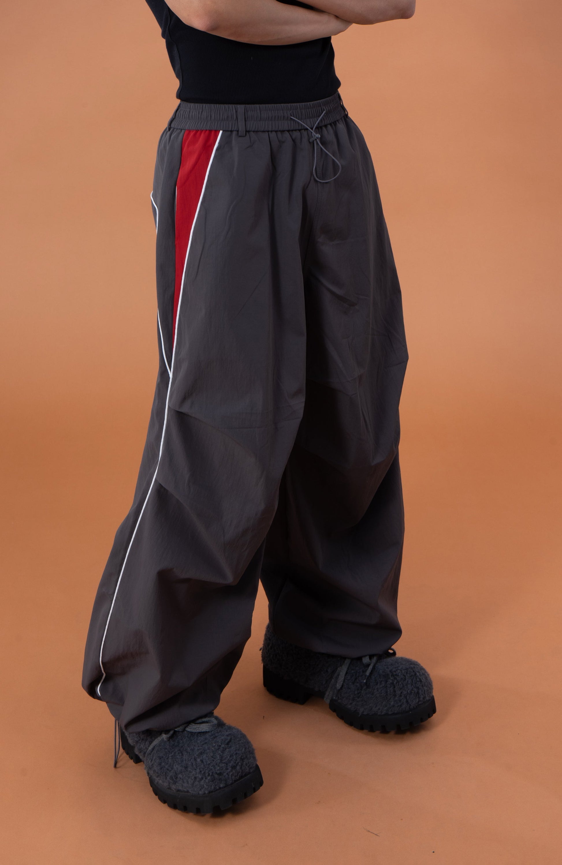 CLP Contrast Panel Pleated-Knee Drawstring-Hem Pants-Pants-S-Dark Gray-Free Shipping Leatheretro