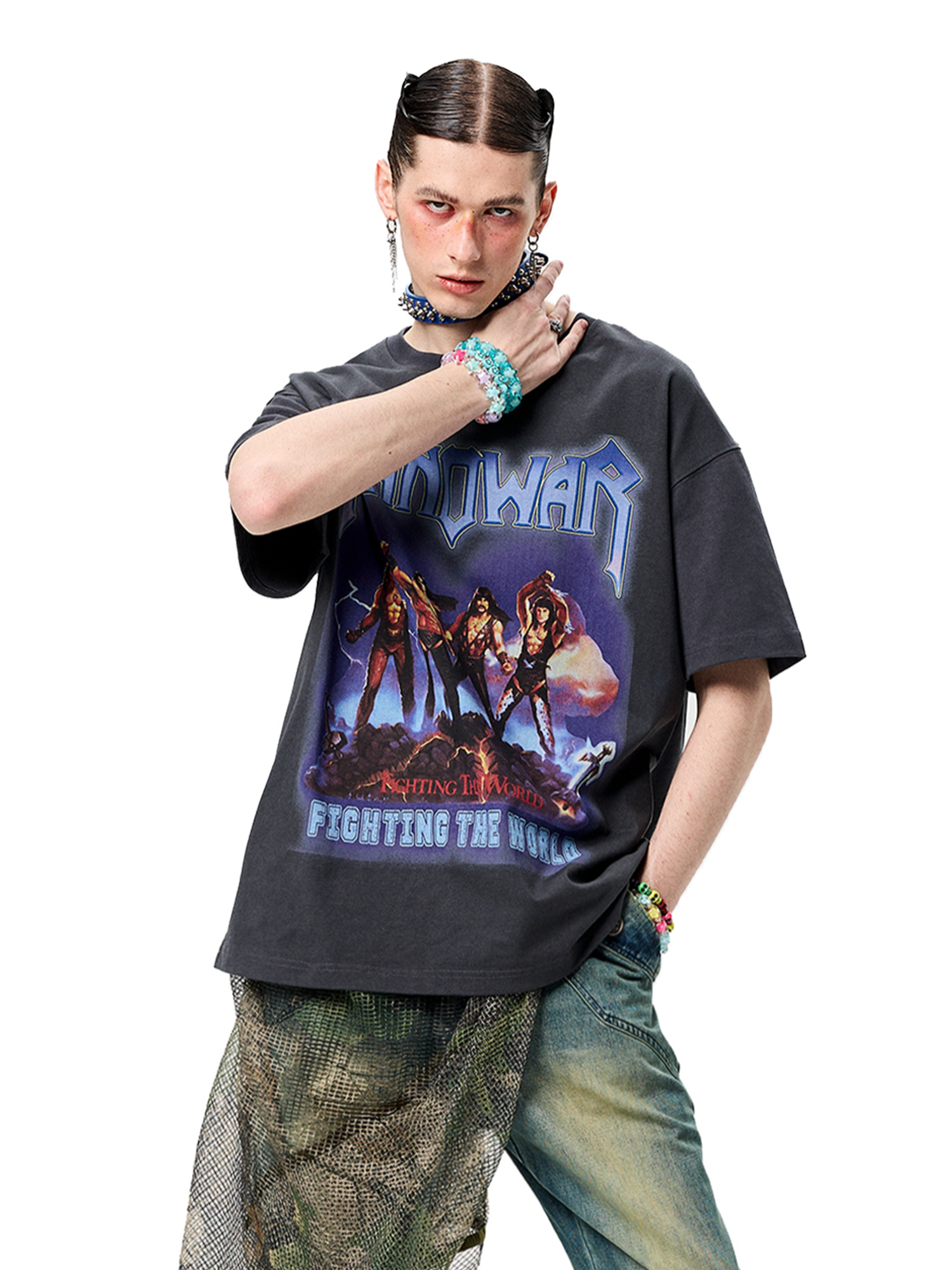 ERISSTOFF Washed Manowar Graphic Oversized T-Shirt-T Shirt-S-Free Shipping Leatheretro