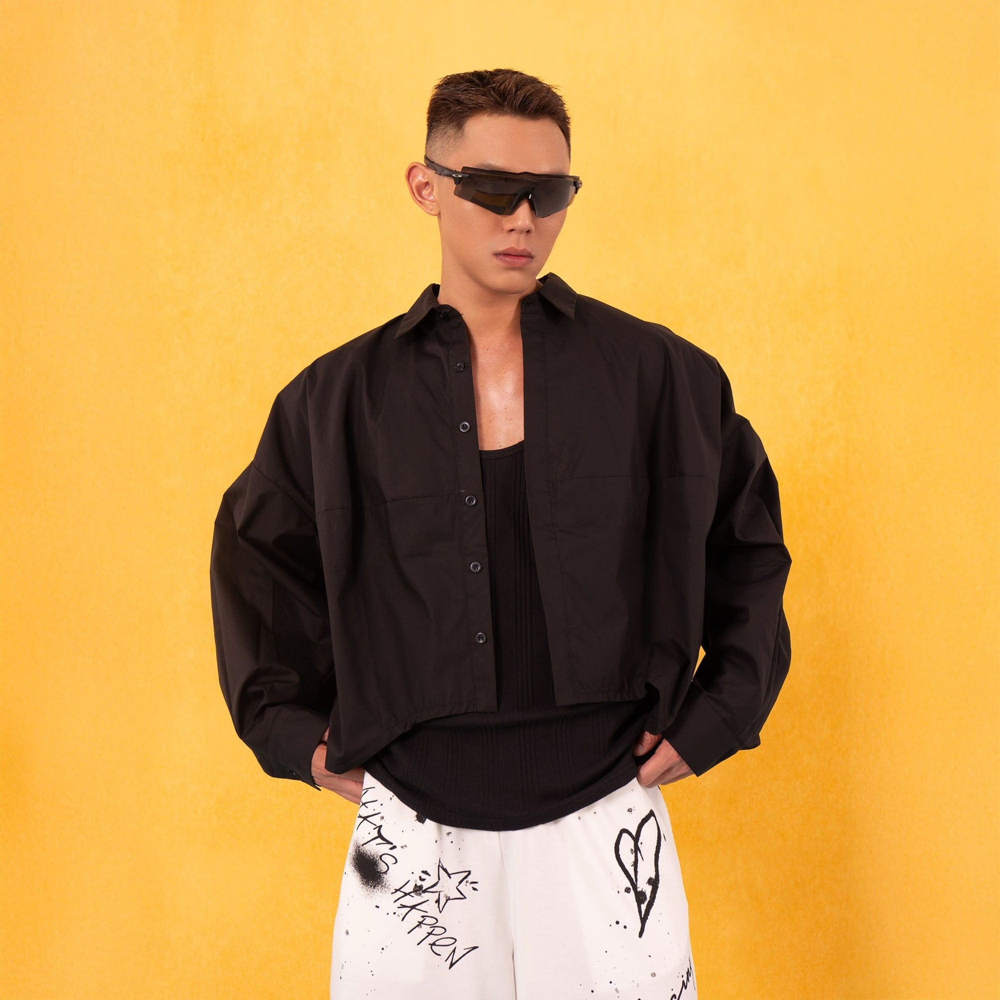 CLP Cropped Drawcord Hem Panel Shirt-Shirt-M-White-Free Shipping Leatheretro