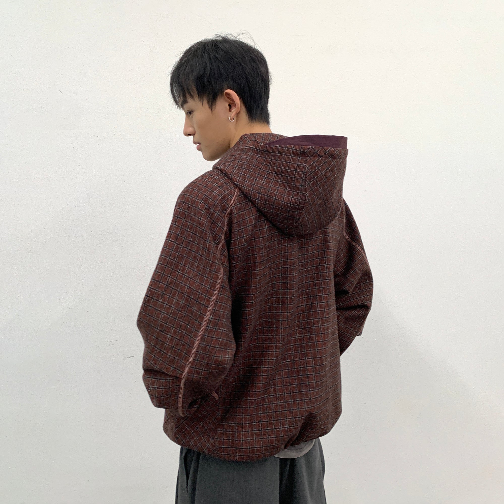 ROARINGWILD A ARCH Plaid Paneled Half-Zip Hooded Jacket-Jacket-XS-Gray-Free Shipping Leatheretro