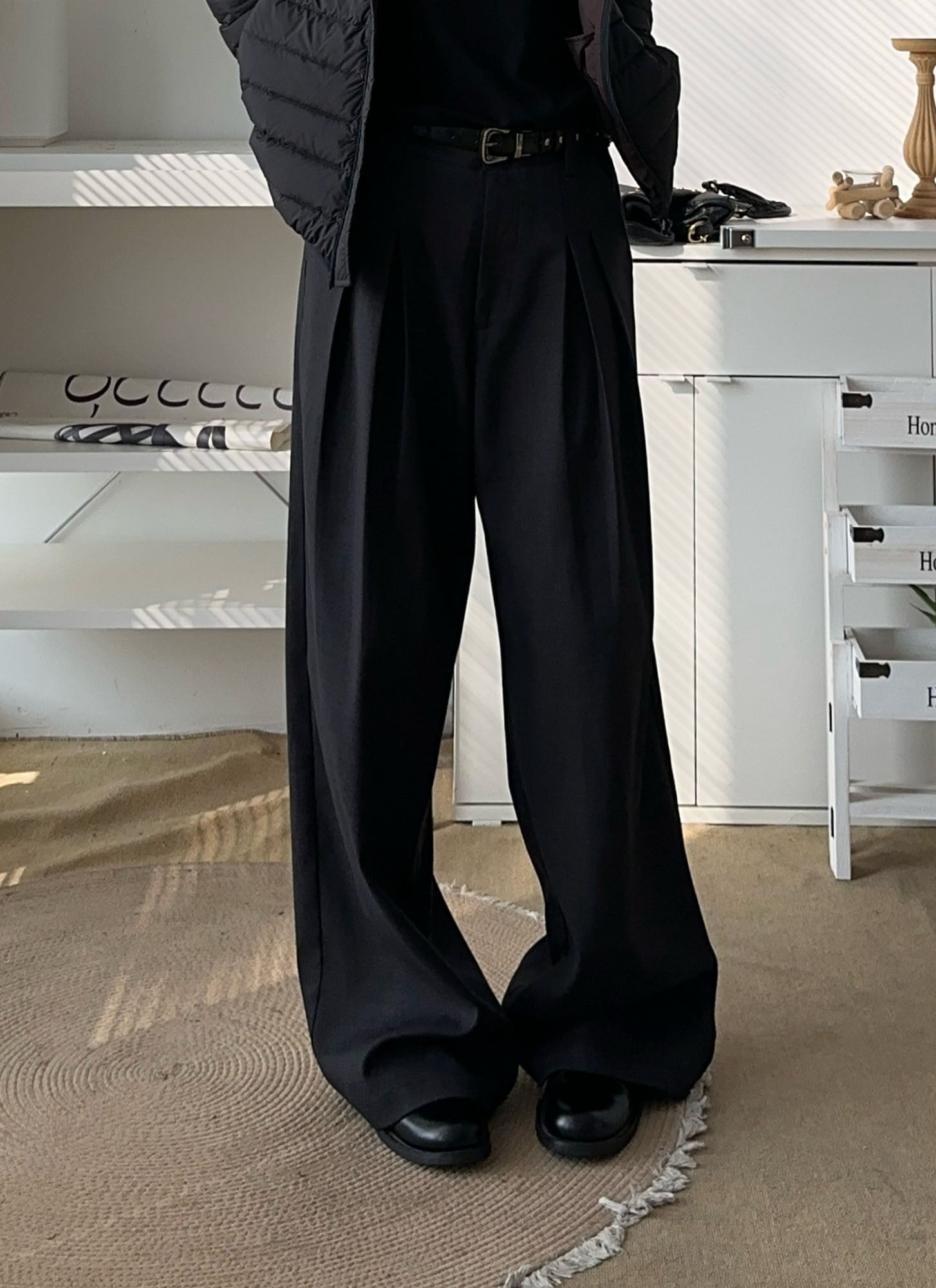 OKAYTHXBYE Essential Pleat Wide-Leg Trousers-Pants-S-Black-Free Shipping Leatheretro