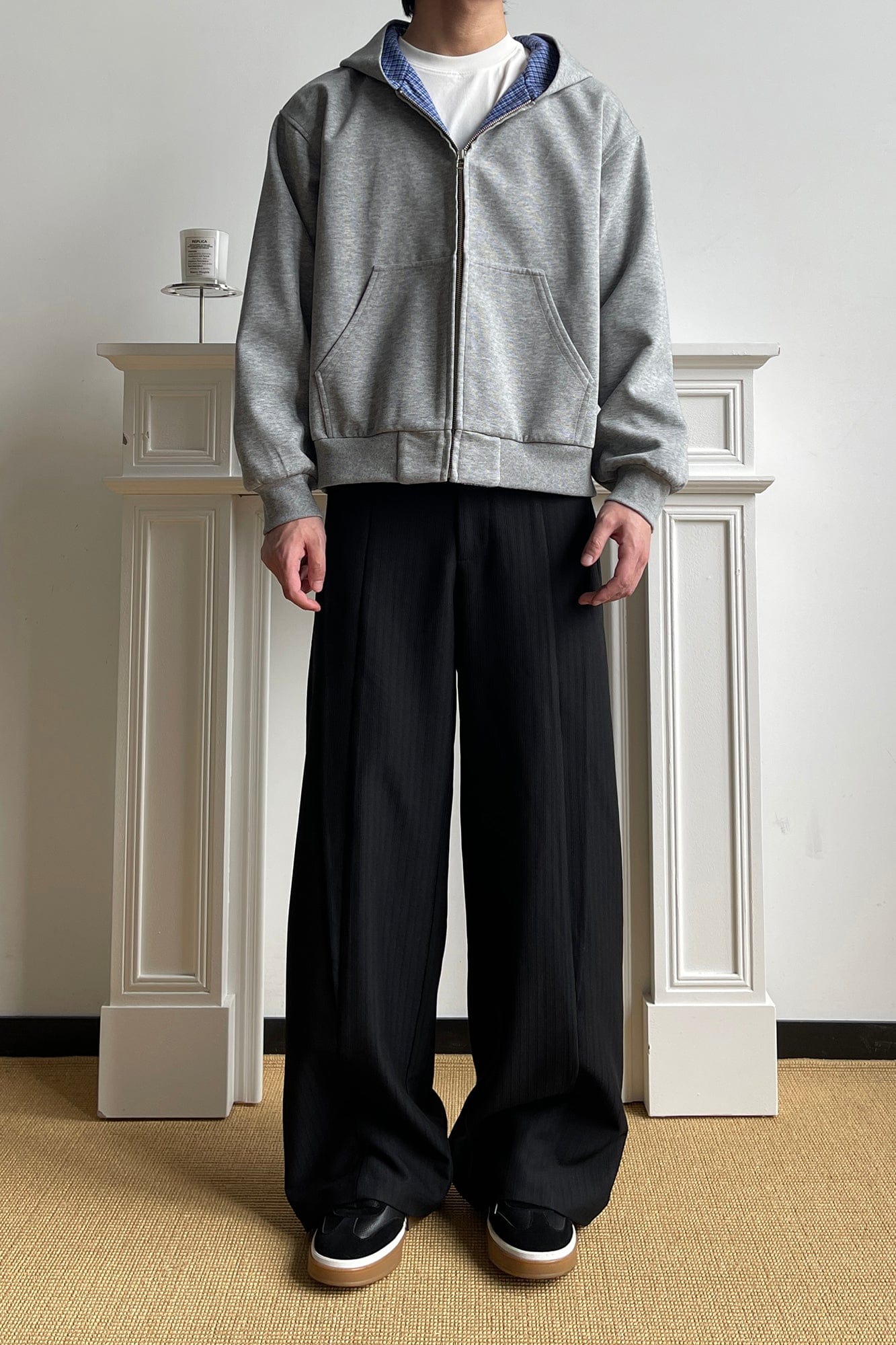 OKAYTHXBYE Houndstooth-Lined Zip-Up Hooded Jacket-Jacket-S-Gray-Free Shipping Leatheretro