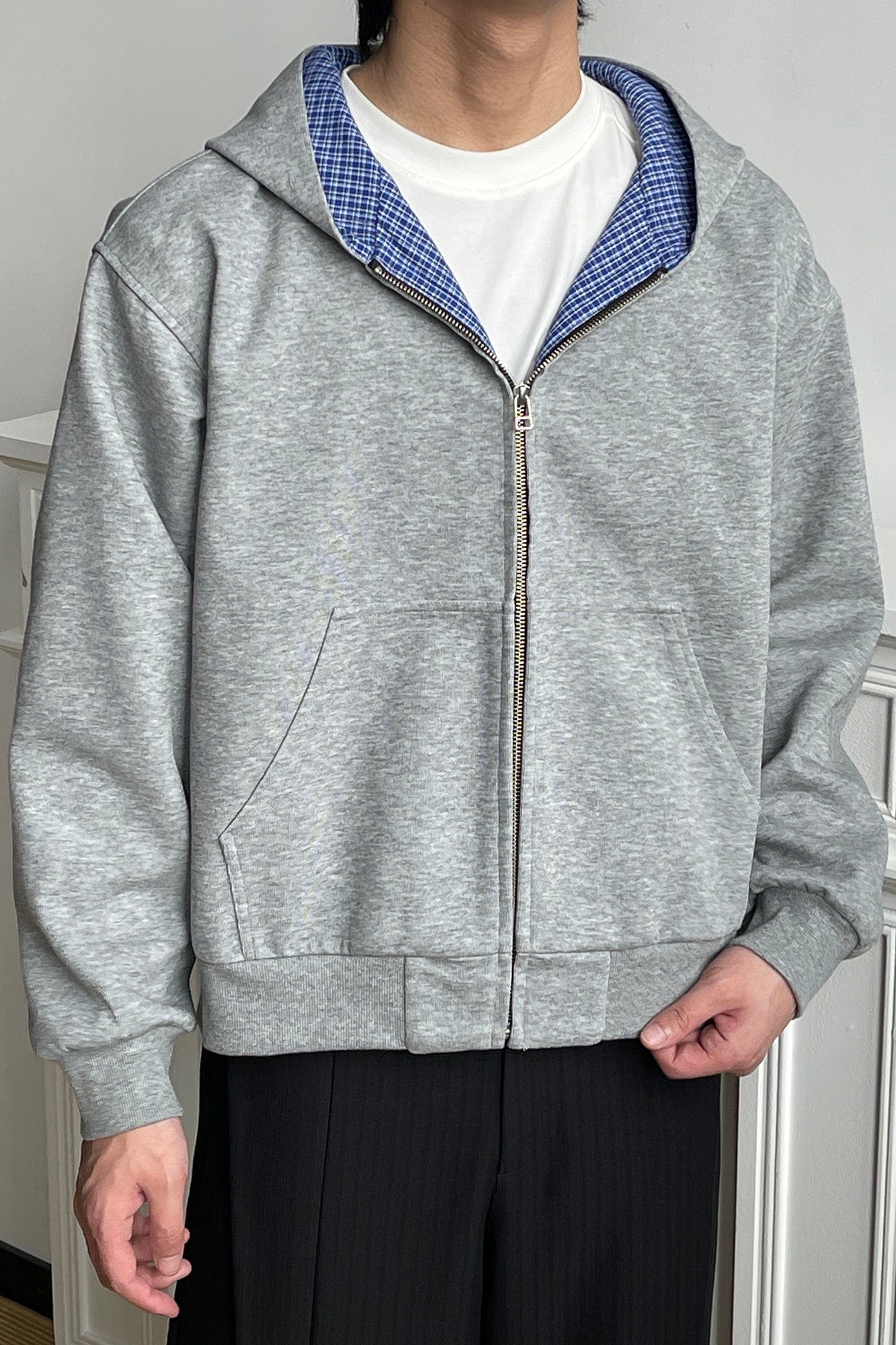 OKAYTHXBYE Houndstooth-Lined Zip-Up Hooded Jacket-Jacket-S-Gray-Free Shipping Leatheretro