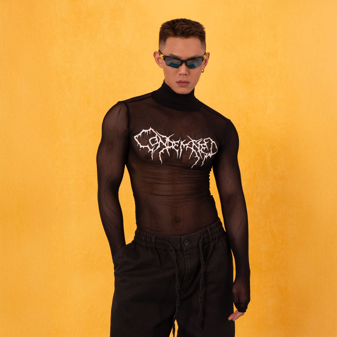 CLP Abstract Graphic Mesh Sheer Slim Turtleneck-L/S Tee-Black-M-Free Shipping Leatheretro