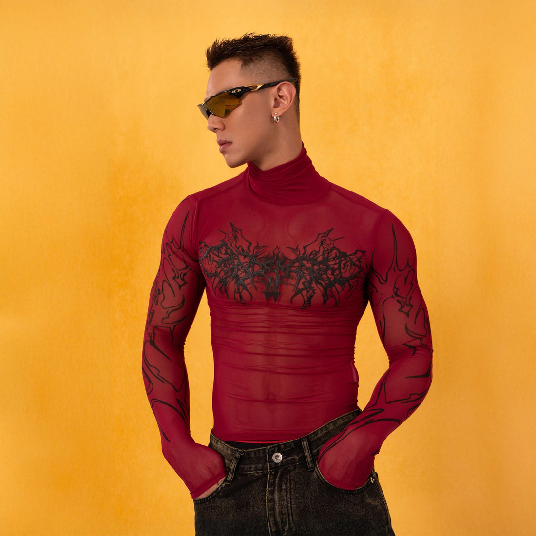 CLP Abstract Graphic Mesh Sheer Slim Turtleneck-L/S Tee-Black-M-Free Shipping Leatheretro