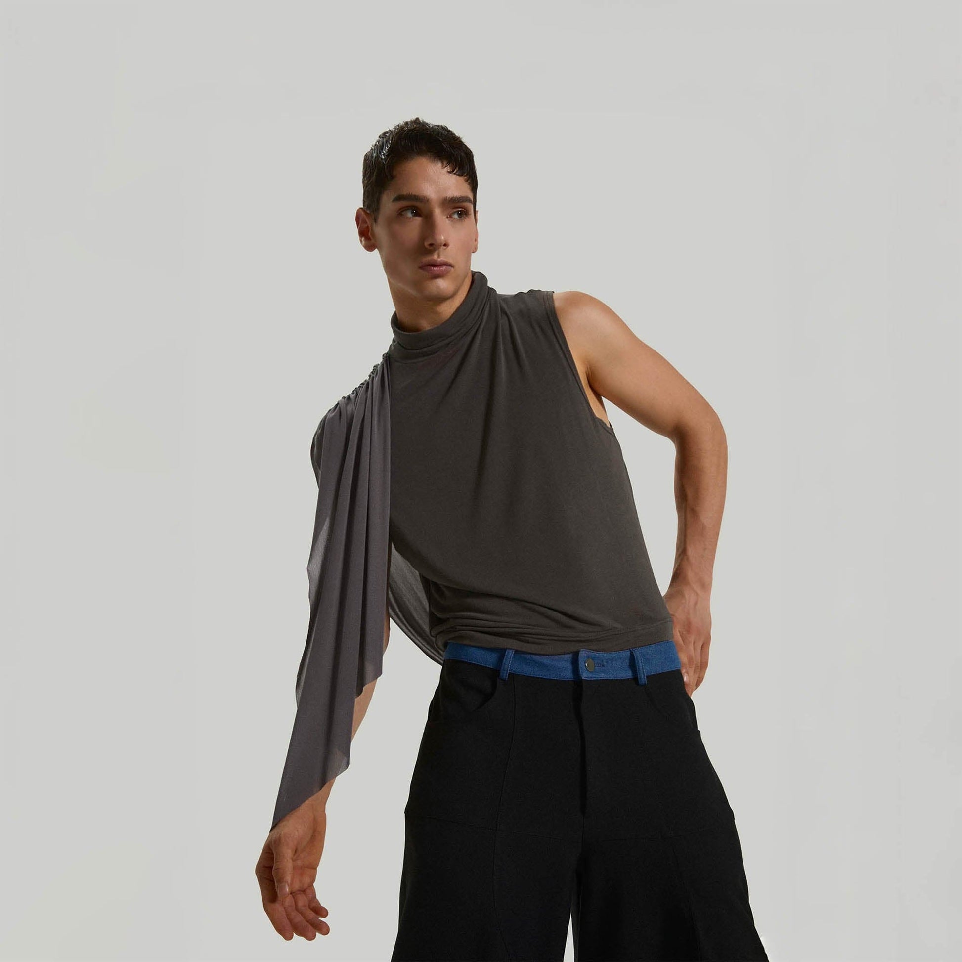 KADAKADA Draped Sheer High-Neck Tank Top-Tank Top-S-Brown-Free Shipping Leatheretro