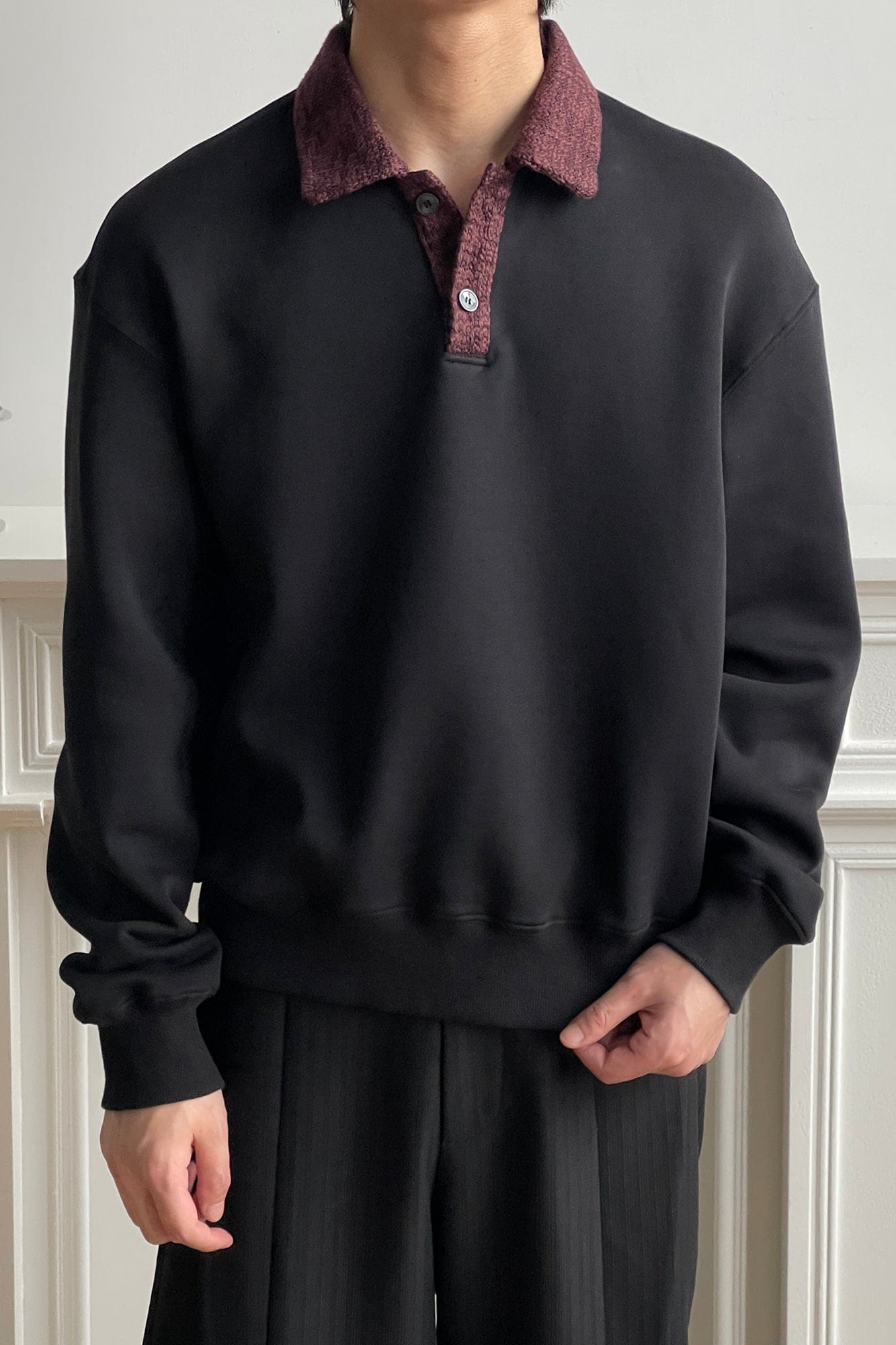 OKAYTHXBYE Flexweave Contrast Collar Sweatshirt-Sweatshirt-S-Black-Free Shipping Leatheretro