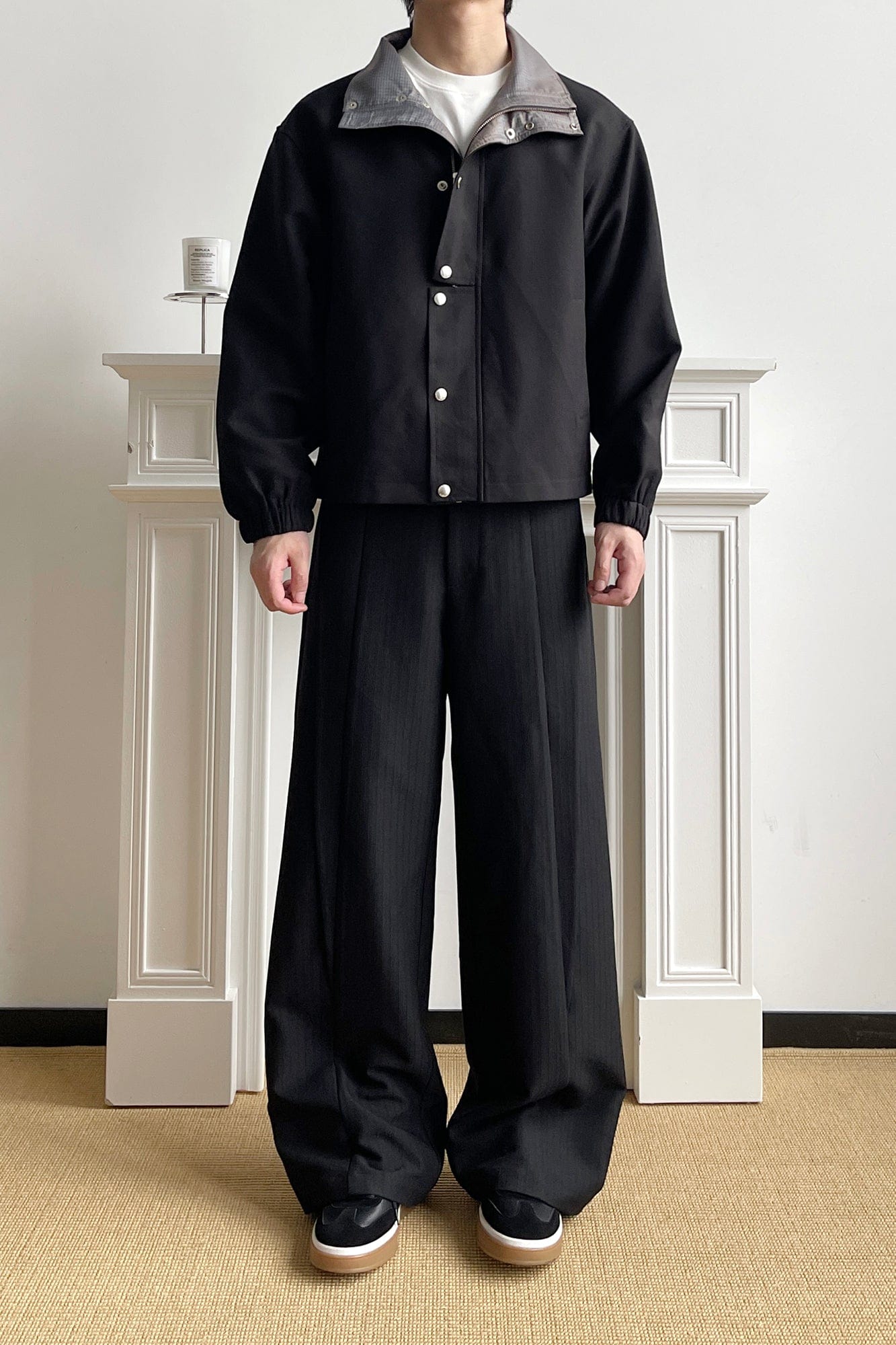 OKAYTHXBYE Glossy Houndstooth-Lined Stand Collar Jacket-Jacket-S-Free Shipping Leatheretro