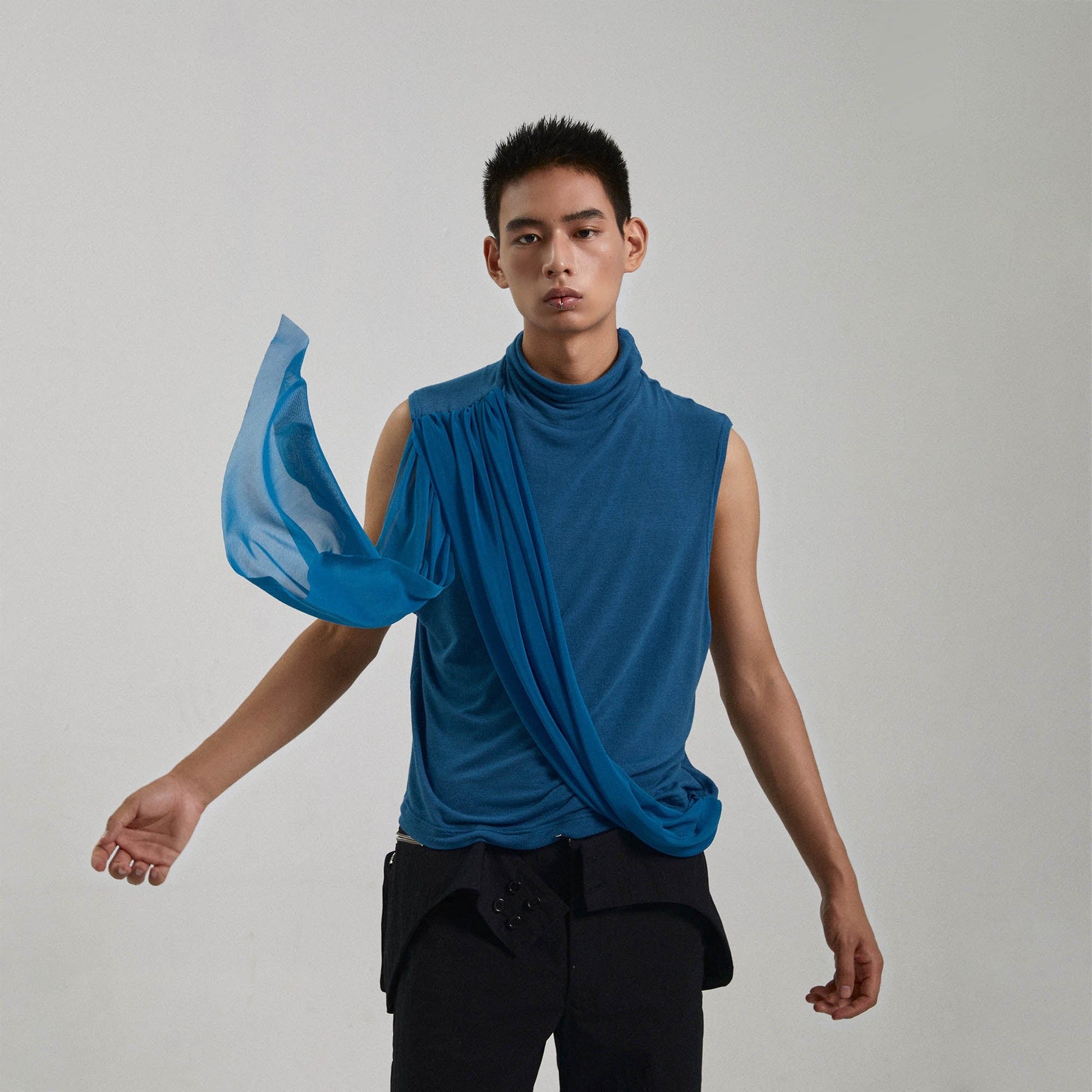KADAKADA Draped Sheer High-Neck Tank Top-Tank Top-S-Blue-Free Shipping Leatheretro