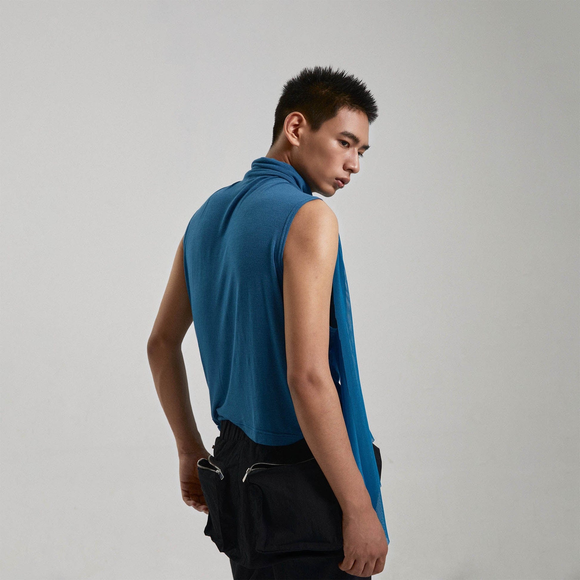 KADAKADA Draped Sheer High-Neck Tank Top-Tank Top-S-Blue-Free Shipping Leatheretro