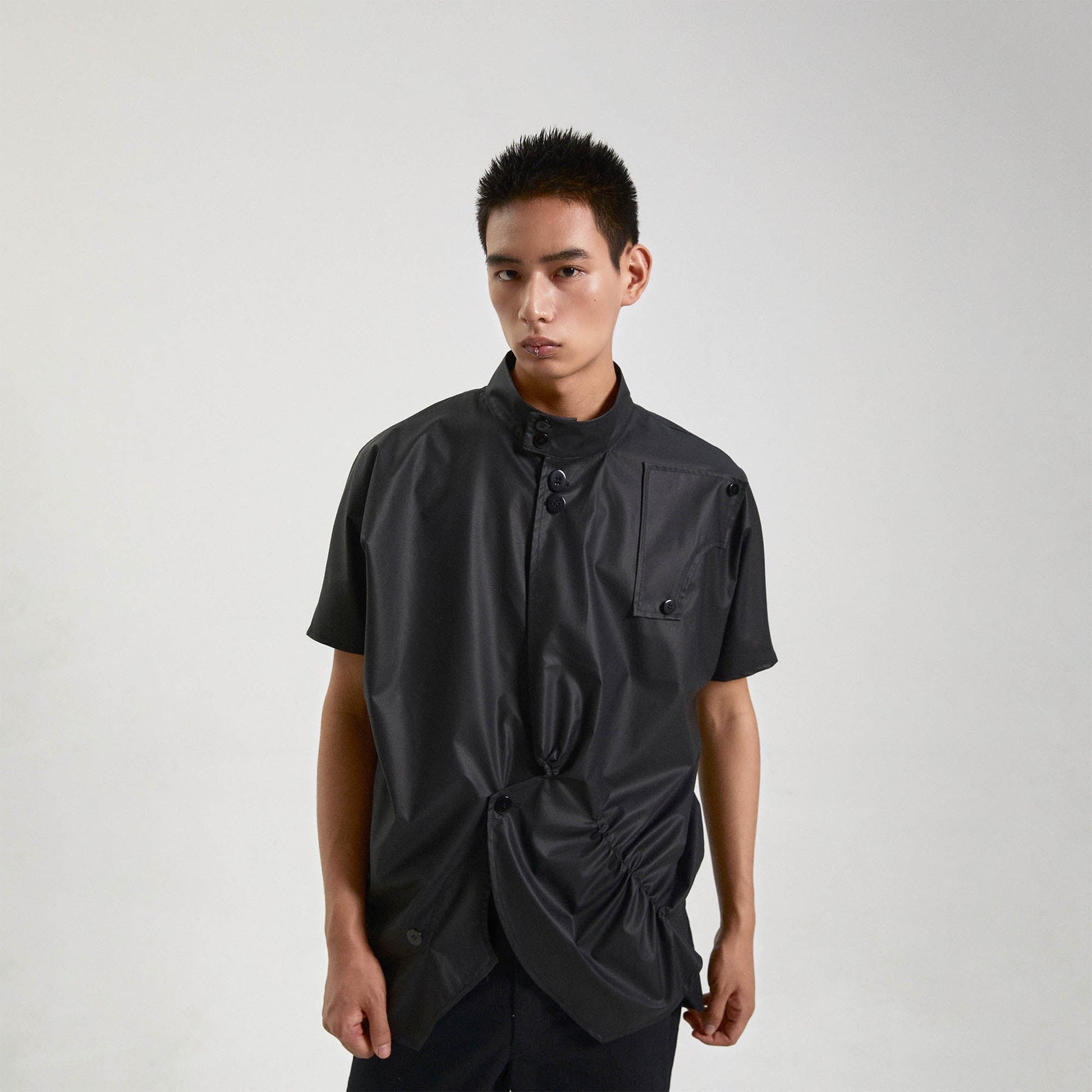 KADAKADA Asymmetrical Pleated Faux Leather Half Shirt-Half shirt-M-Free Shipping Leatheretro
