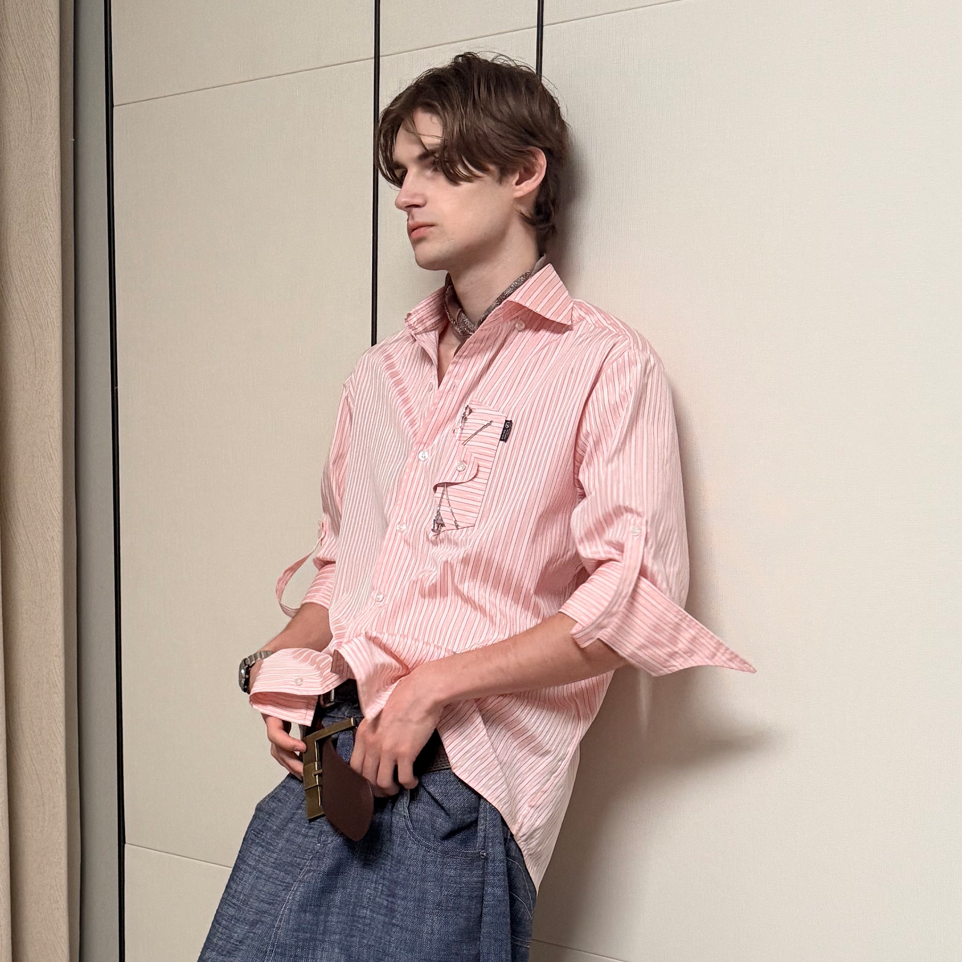 ASSEEN Striped Glasses Pocket Half Shirt Pink-Half shirt-S-Free Shipping Leatheretro