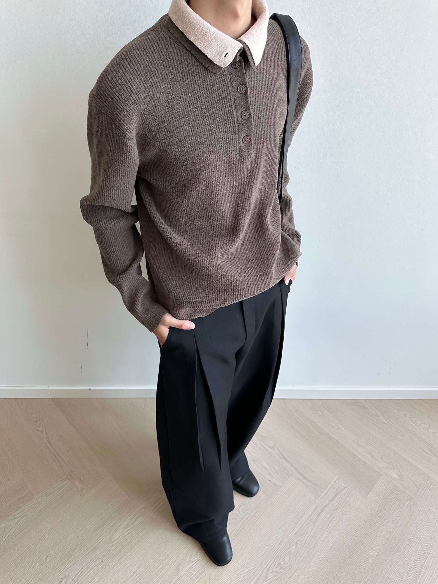 KREATE Contrast Layered Collar Ribbed Sweater-Sweater-S-Brown-Free Shipping Leatheretro