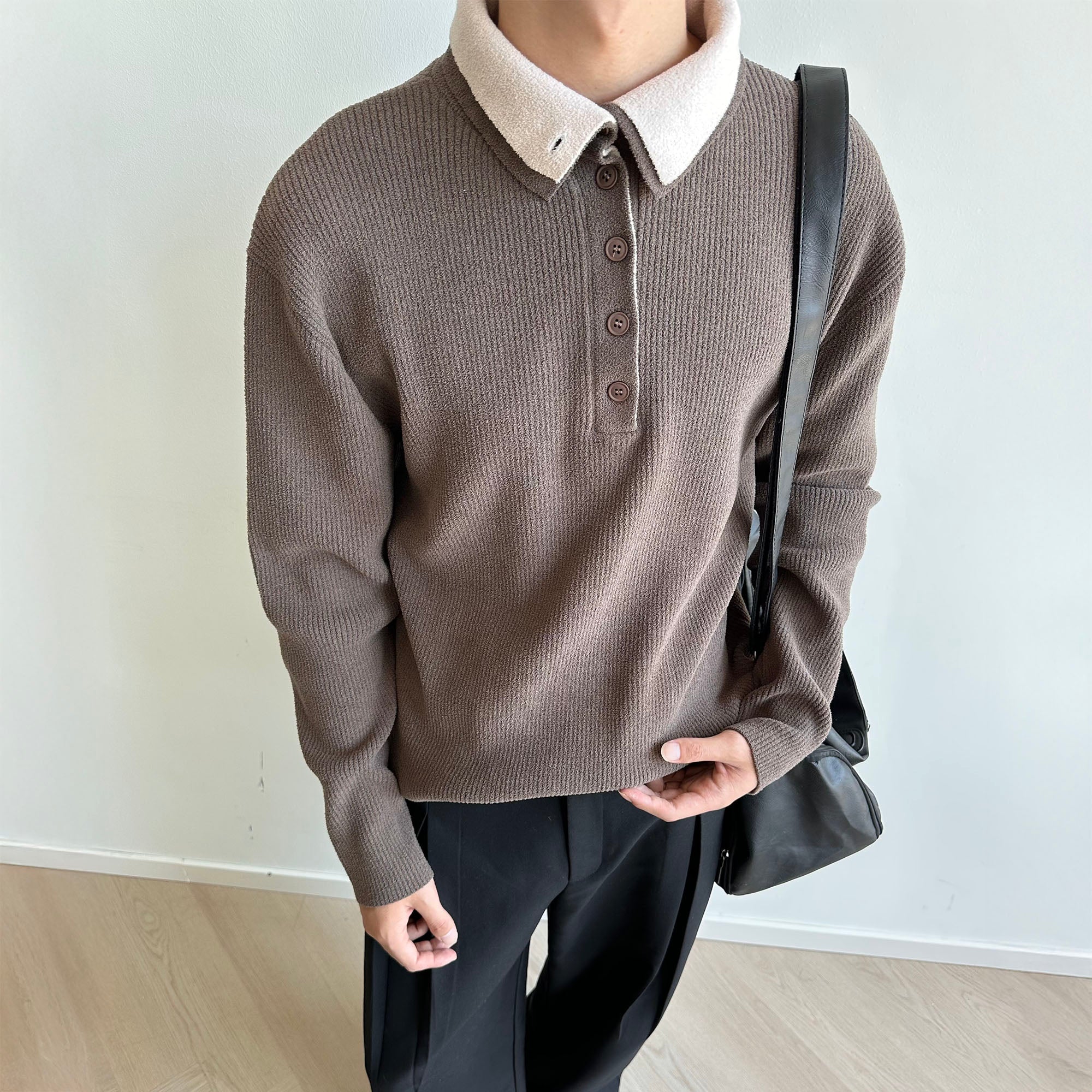 KREATE Contrast Layered Collar Ribbed Sweater-Sweater-S-Brown-Free Shipping Leatheretro