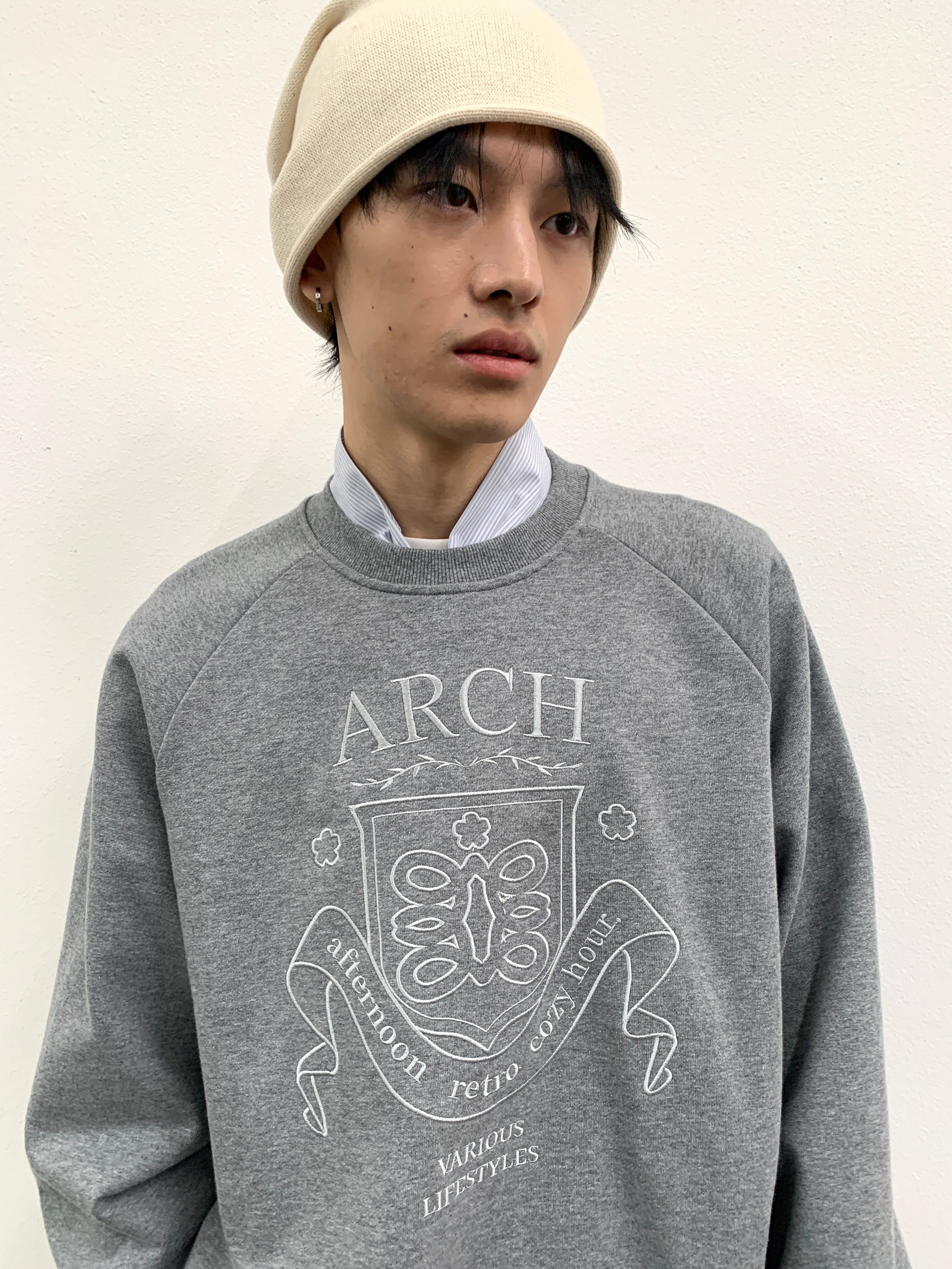 ROARINGWILD A ARCH Collegiate Loopback Raglan Sweatshirt-Sweatshirt-XS-Beige-Free Shipping Leatheretro