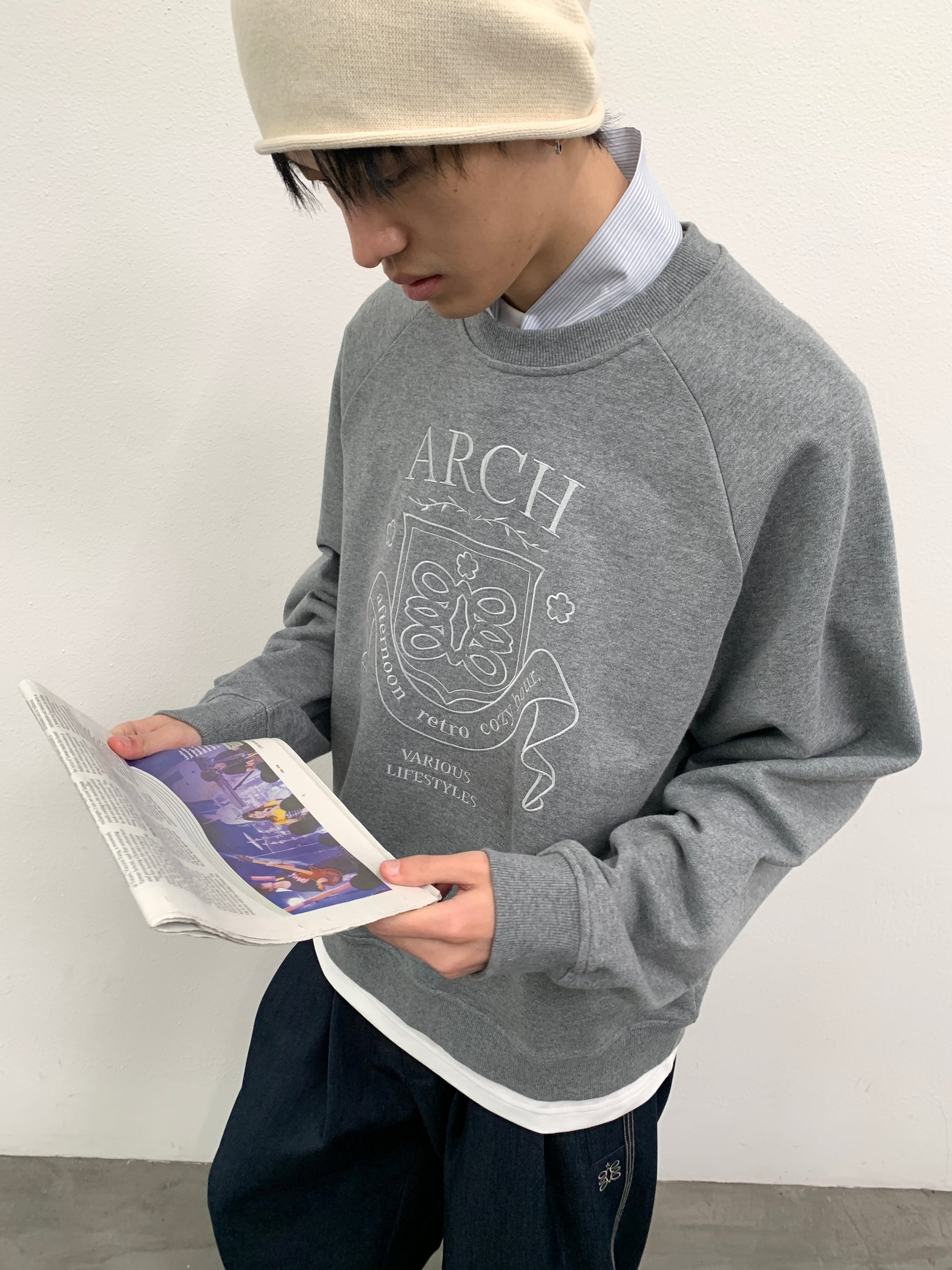 ROARINGWILD A ARCH Collegiate Loopback Raglan Sweatshirt-Sweatshirt-XS-Beige-Free Shipping Leatheretro
