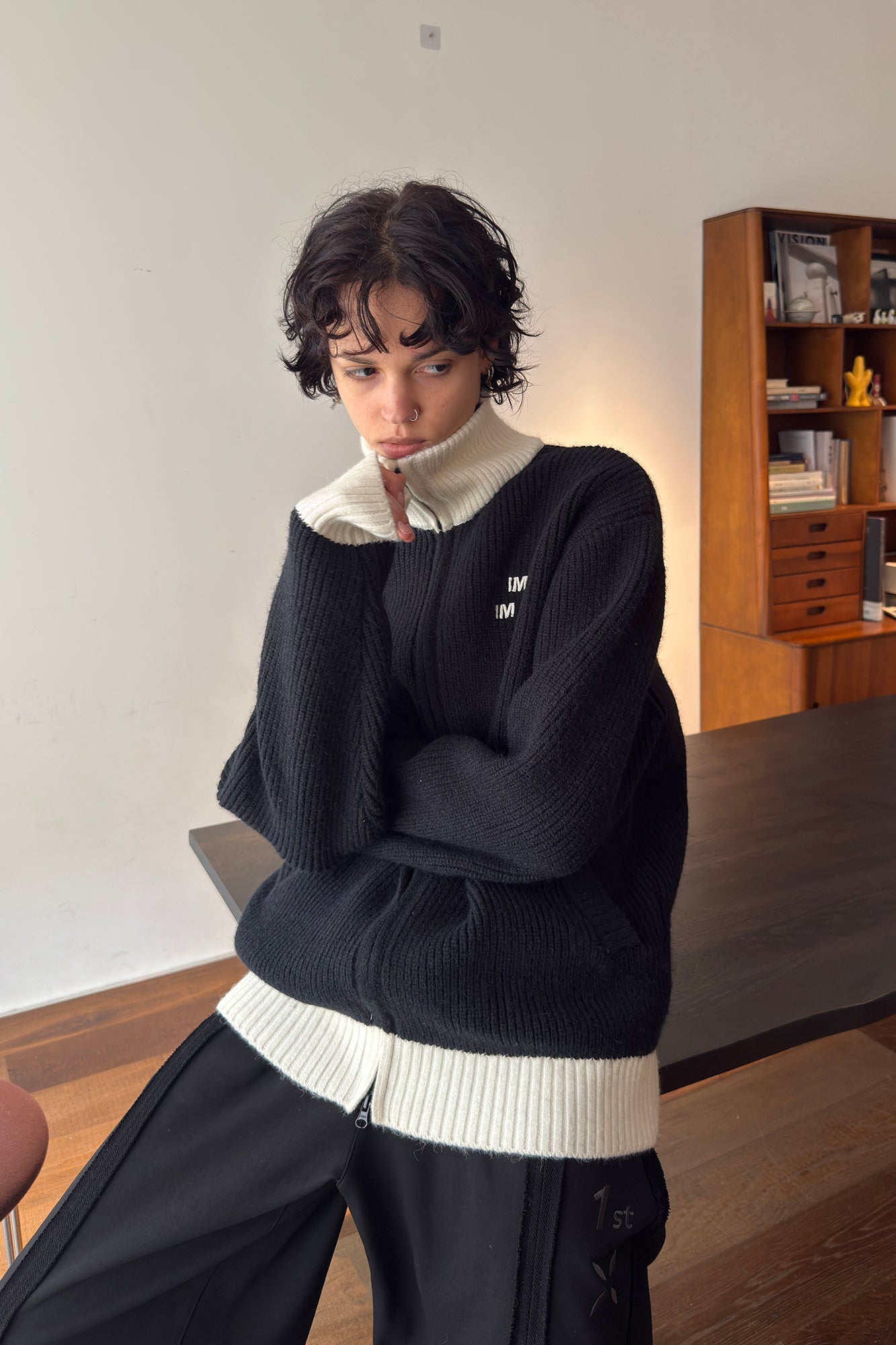 MIICHOUS Contrast Embroidered Turtle Neck Cardigan-Jacket-S-White-Free Shipping Leatheretro