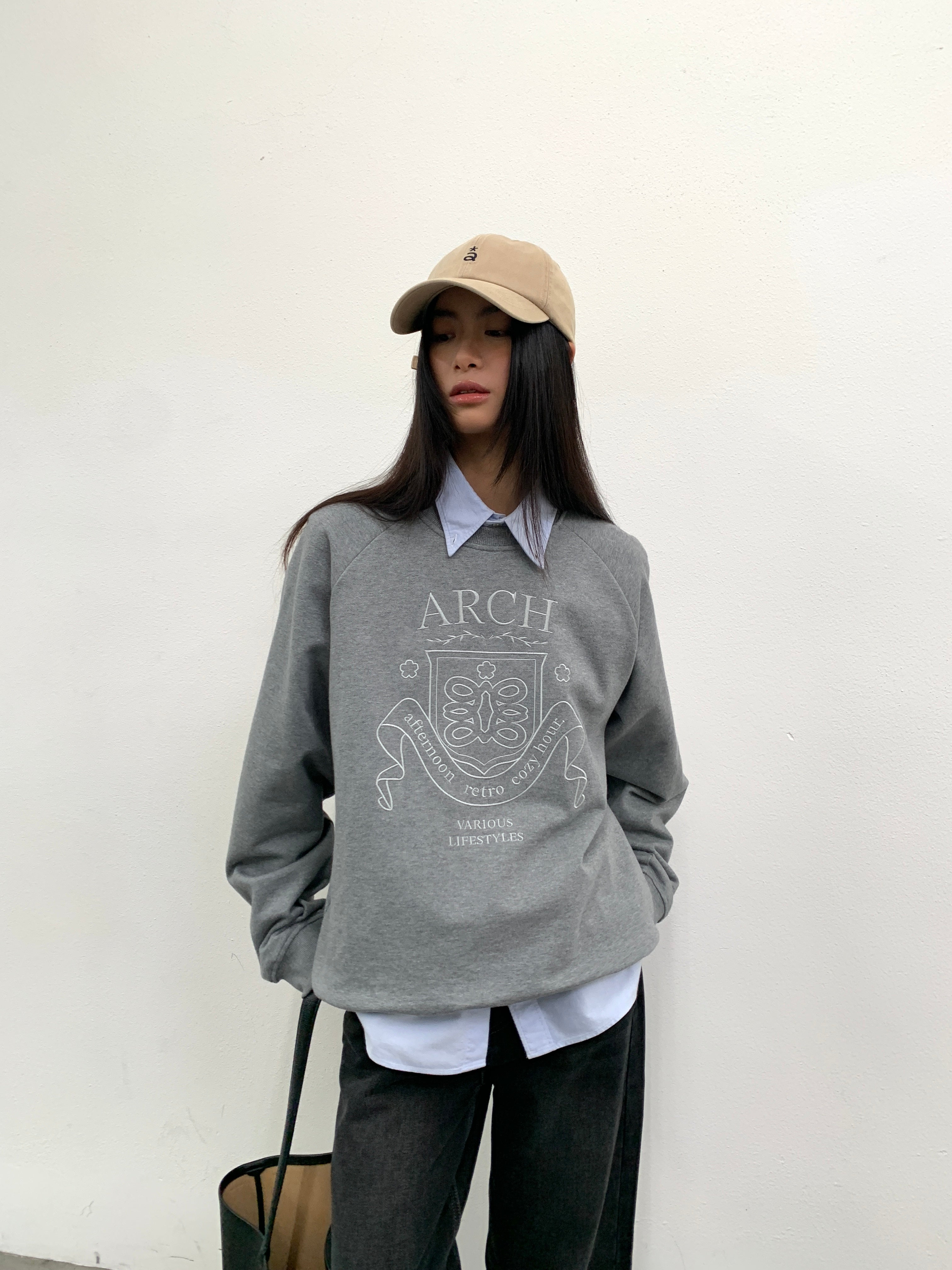 ROARINGWILD A ARCH Collegiate Loopback Raglan Sweatshirt-Sweatshirt-XS-Beige-Free Shipping Leatheretro