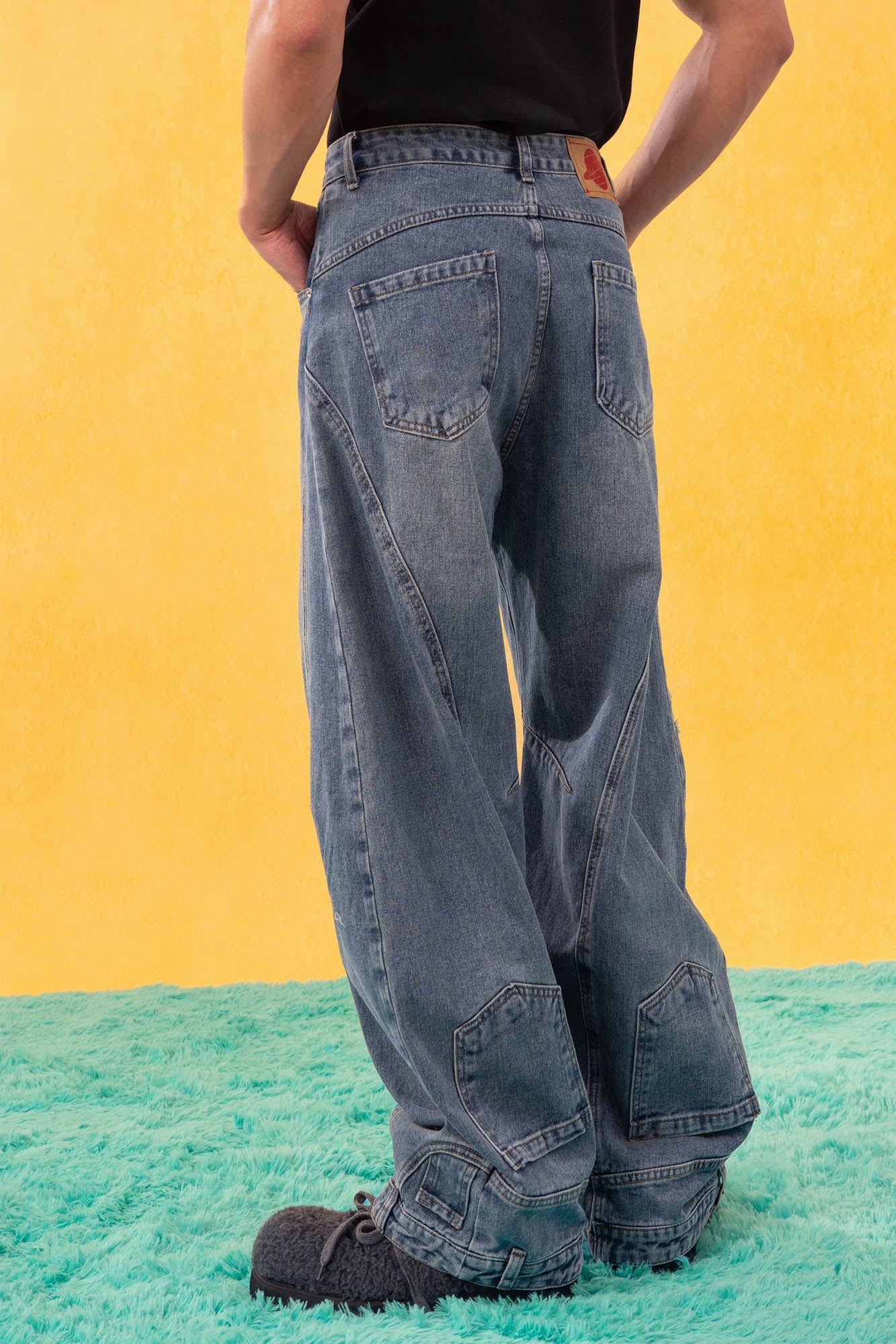 CLP Inverted-Waist Hem Paneled Distressed Jeans-Jeans-M-Free Shipping Leatheretro