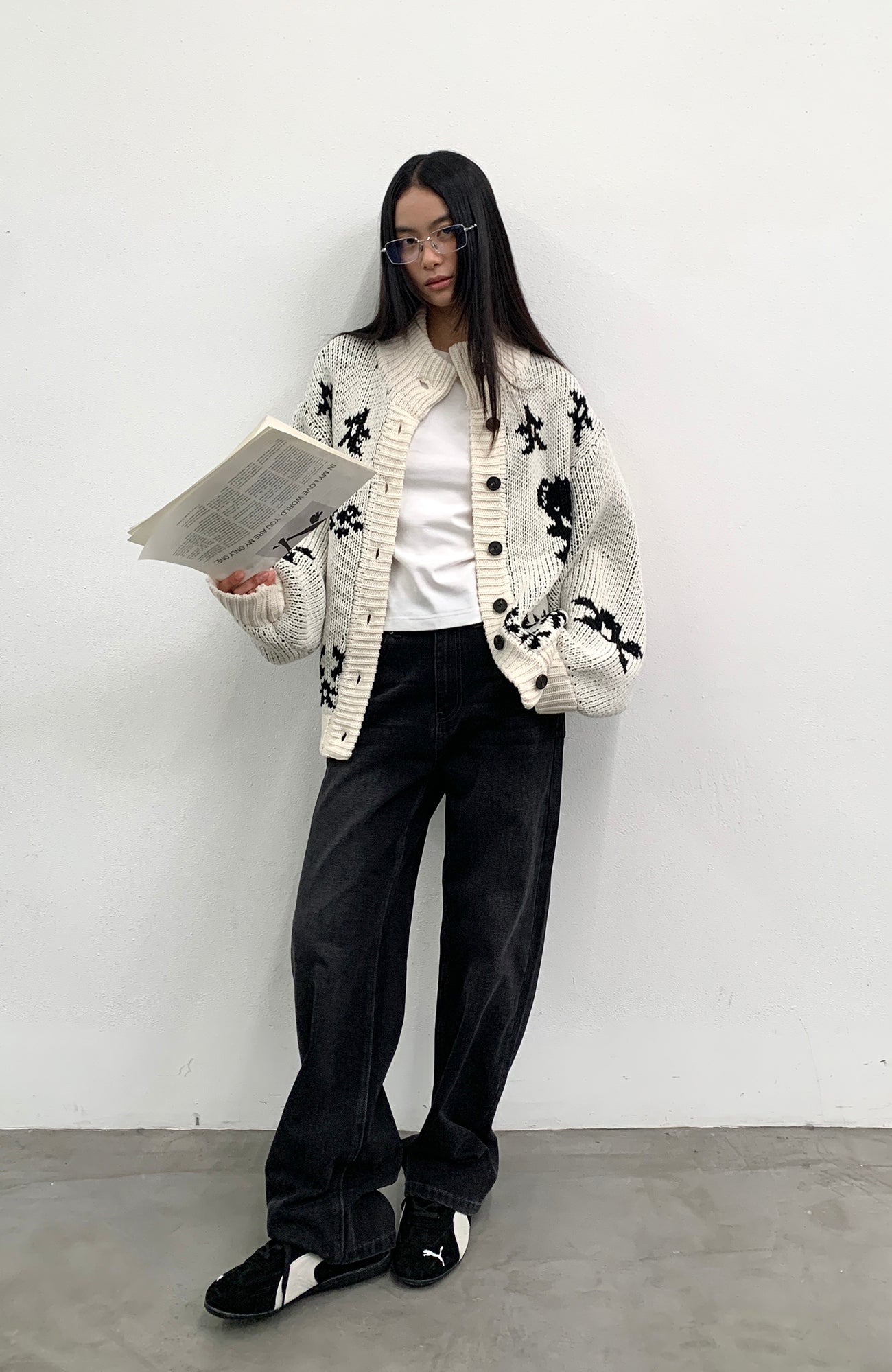 ROARINGWILD A ARCH Jacquard Chunky Knit Cardigan-Jacket-XS-White-Free Shipping Leatheretro